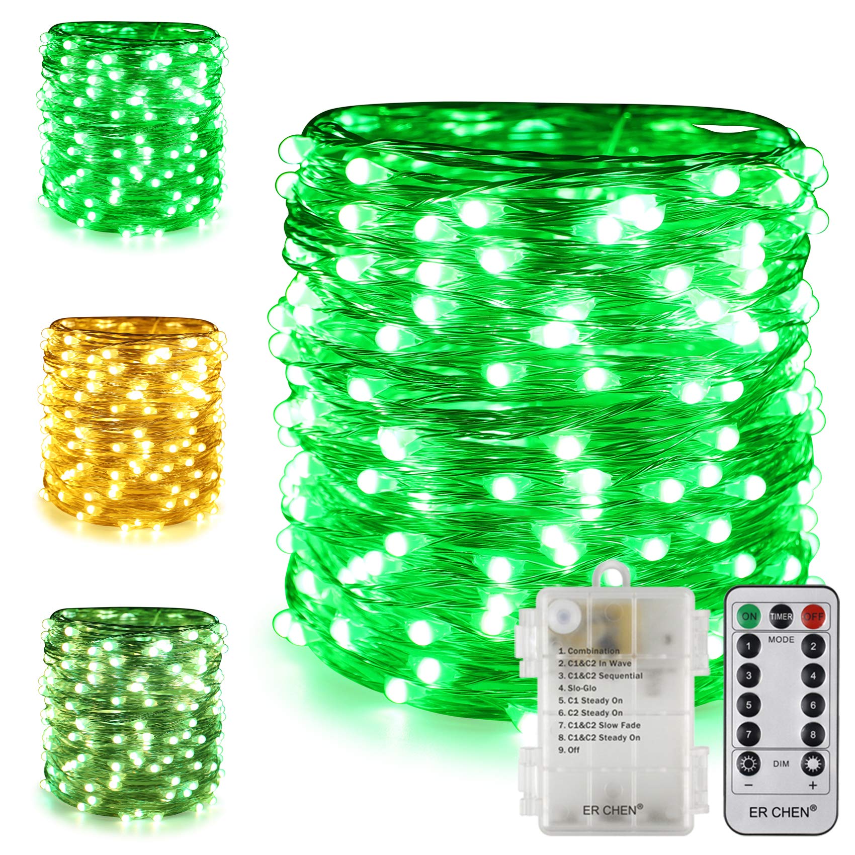 ER CHEN 66ft 200 LED Color Changing Fairy Lights with Remote & Timer - 8 Lighting Modes, Silver Copper Wire String Lights for Indoor/Outdoor Christmas Decor (Warm White & Green) - Perfect for Holiday Parties, Bedroom, Wedding, Garden and Home Decoration