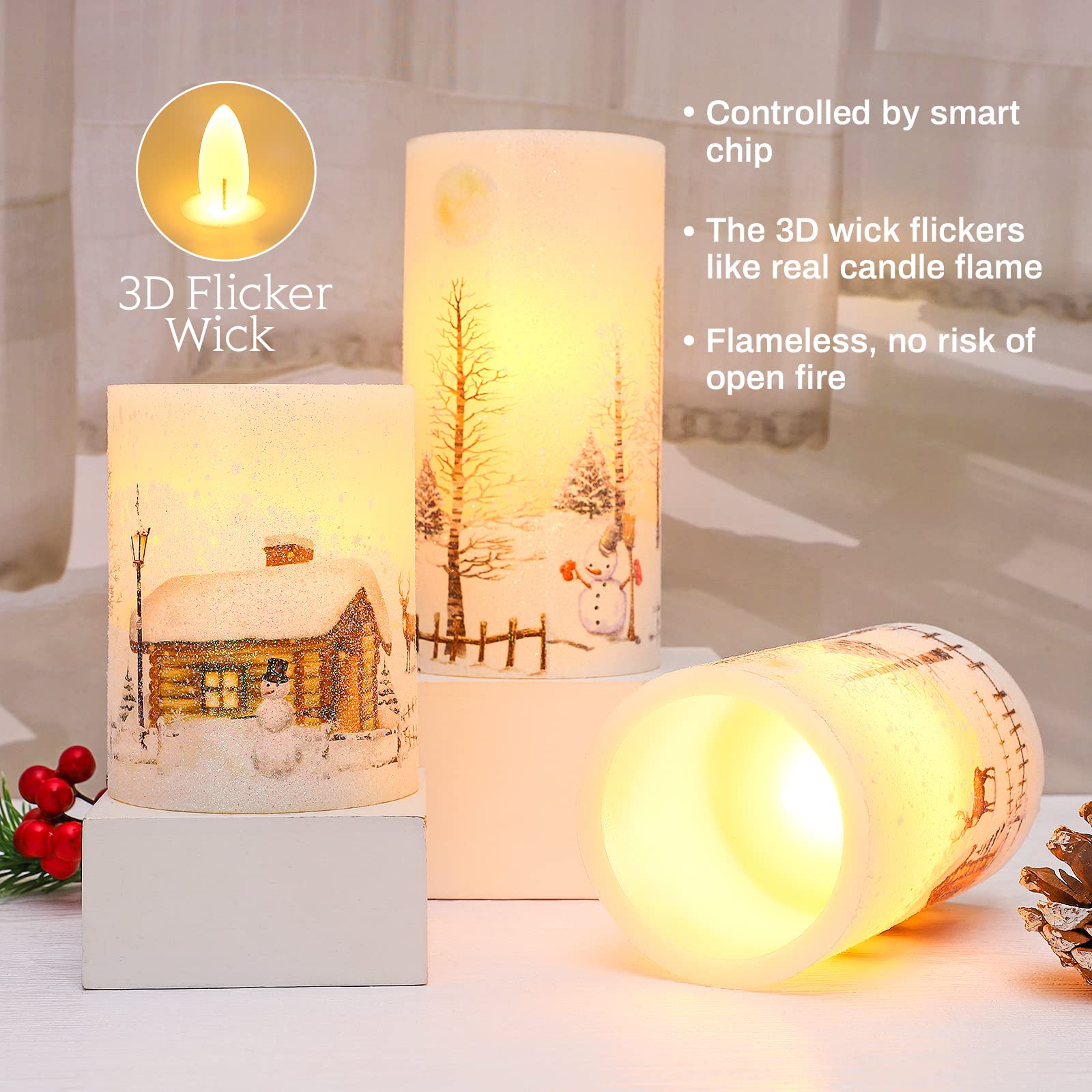Flameless LED Candles with Remote & Timer - Real Wax Battery Operated Holiday Decor Lights for Christmas, Snowman Snow Scene - Perfect for Table Centerpiece, Room Decor, and Festive Gift Giving