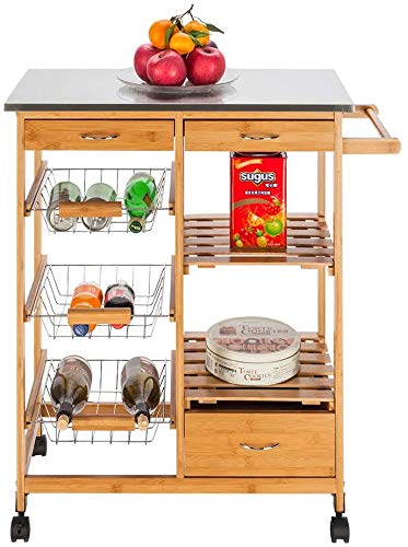 Wooden Kitchen Island Cart with Single Drawer & Stainless Steel Top - Mobile Storage Cabinet, Rolling Serving Cart for Small Spaces - Perfect for Food Prep, Dining & Entertaining in Compact Kitchens