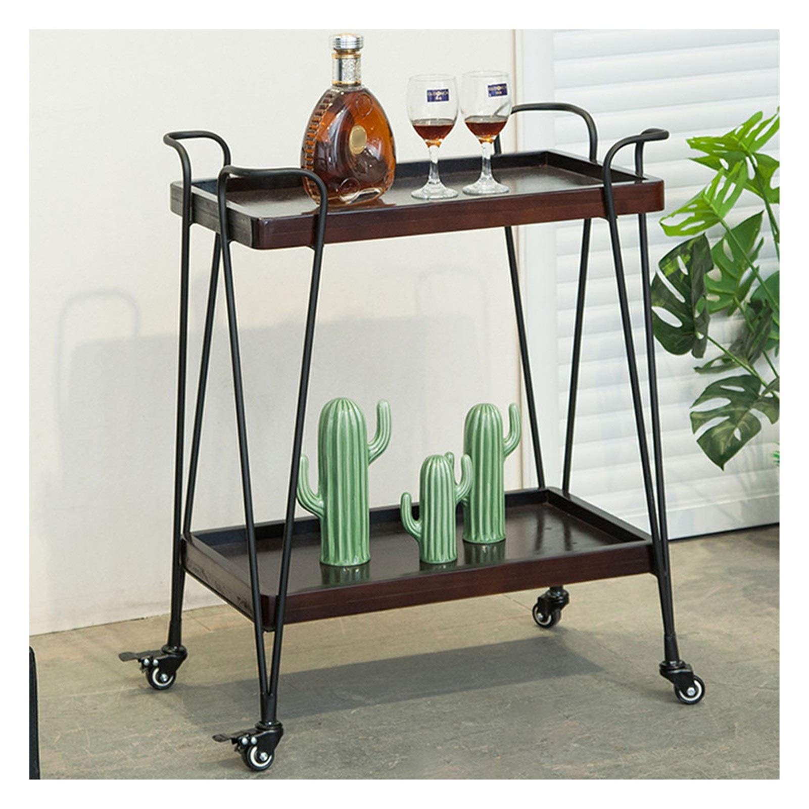 Portable Rolling Bar Cart with Wheels - 2-Tier Heavy Duty Kitchen Serving Cart with Storage Shelves - Mobile Home Bar Trolley for Living Room, Patio & Outdoor Entertaining (80x40x75cm, Black)