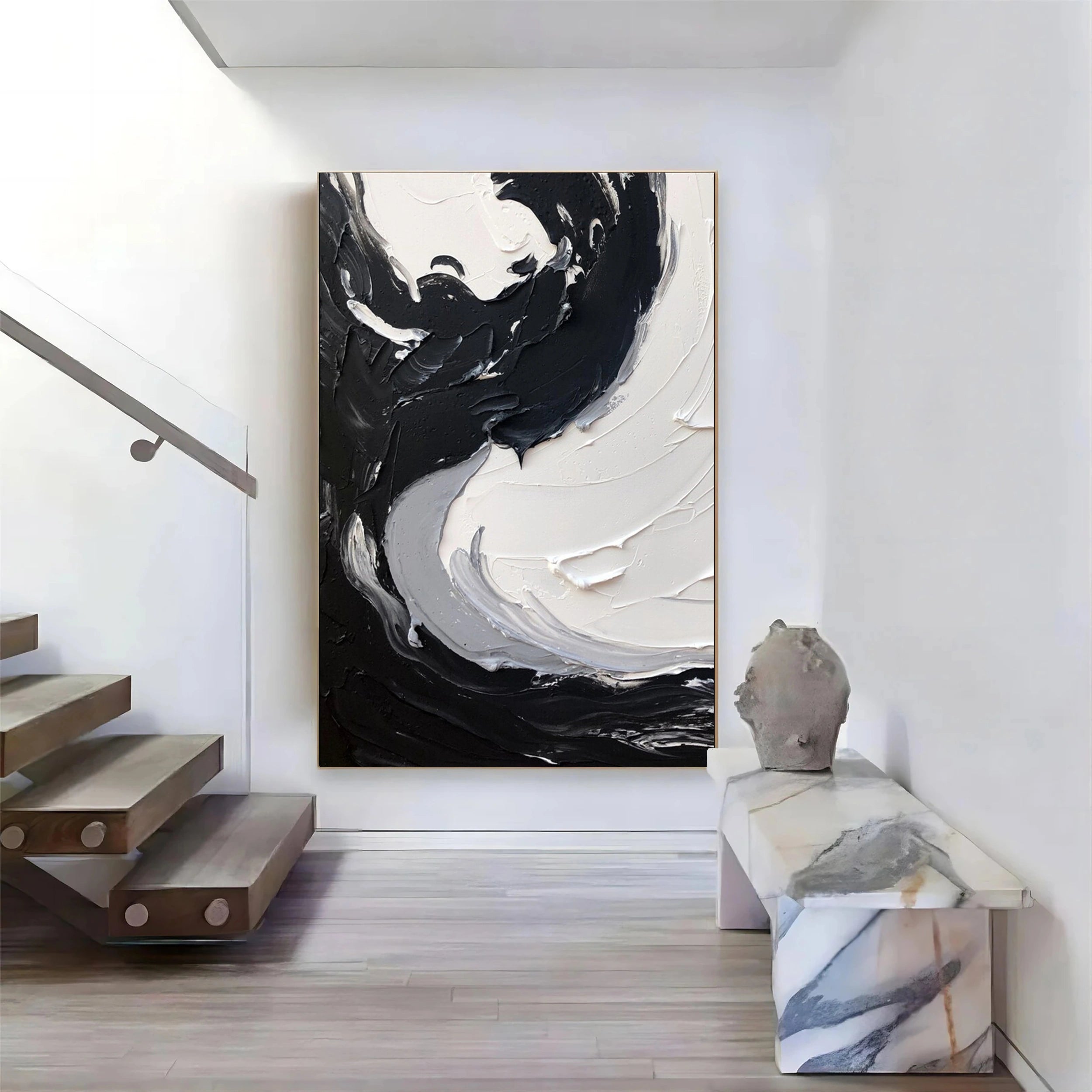 Black and White Textured Minimalist Wall Art Print #MZ068 - Modern Abstract Canvas Painting for Living Room, Bedroom & Office Decor