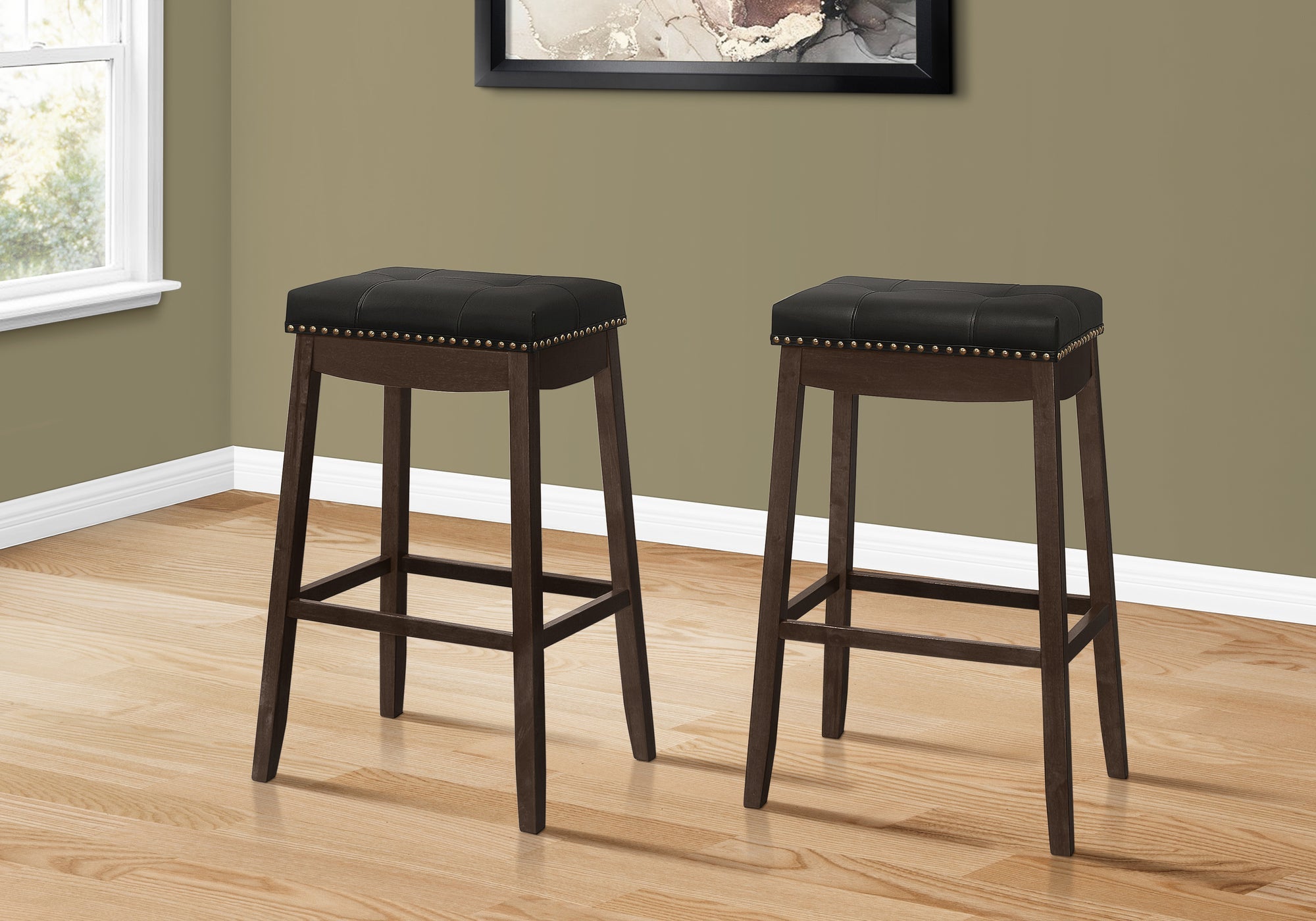 2-Pack Black Leather Look Bar Stools - 29 Inch Height - Modern Espresso Finish - Perfect for Kitchen Islands, Bars & Dining Counter Seating