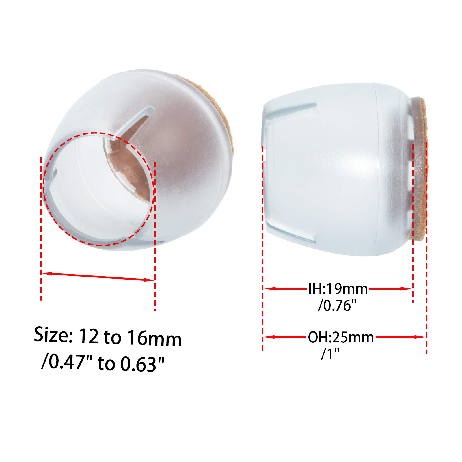 **16-Pack Clear Round Furniture Felt Pads for Chairs - 12mm to 16mm (1/2