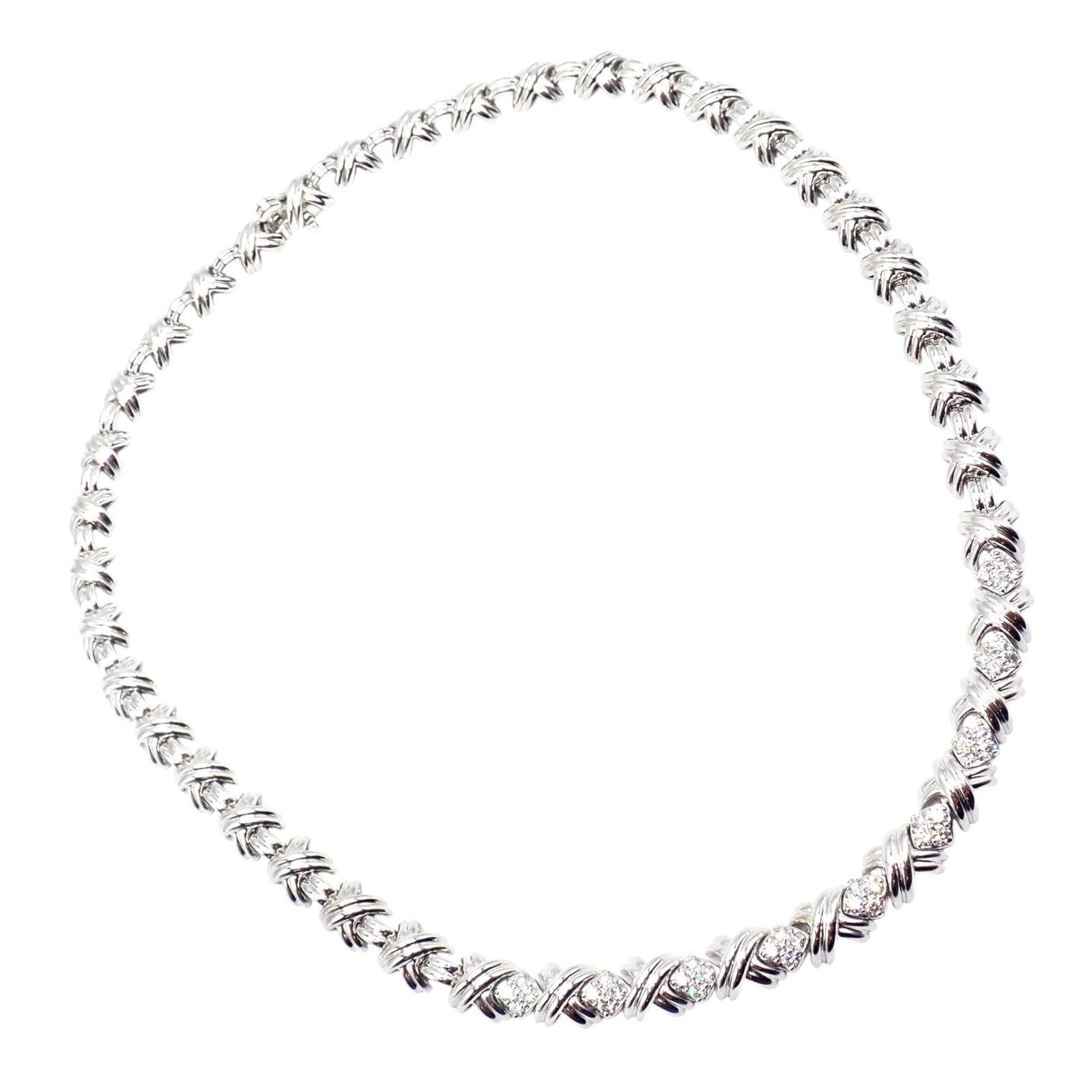 Authentic Tiffany & Co 18k White Gold Diamond Cluster Signature X Link Necklace for Women - Elegant Gift for Anniversary, Wedding & Special Occasions