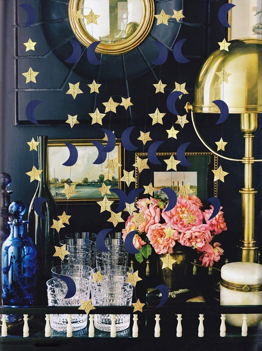 Moon and Star Garland Decorations - Navy Gold Glitter Outer Space Themed Party Decor for Weddings, Baby Showers & Birthdays | Perfect for Ceiling, Wall & Backdrop Decorations