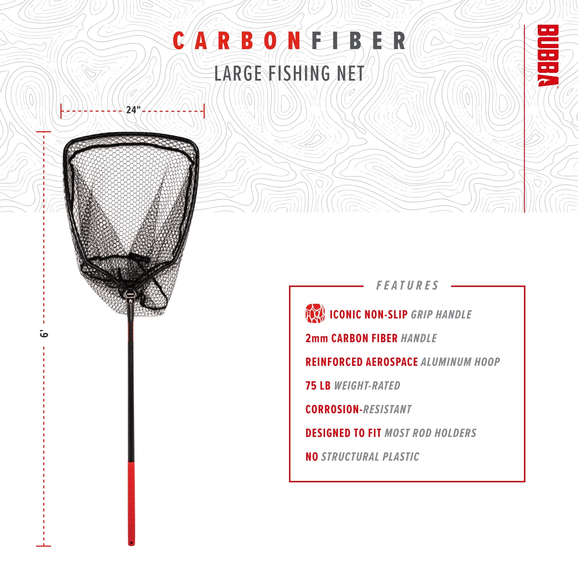 BUBBA Fishing Landing Net with Corrosion Resistant Frame, Non-Slip Grip Handle & Carbon Fiber Shaft - Perfect for Freshwater, Saltwater, Kayak Fishing and Outdoor Adventures