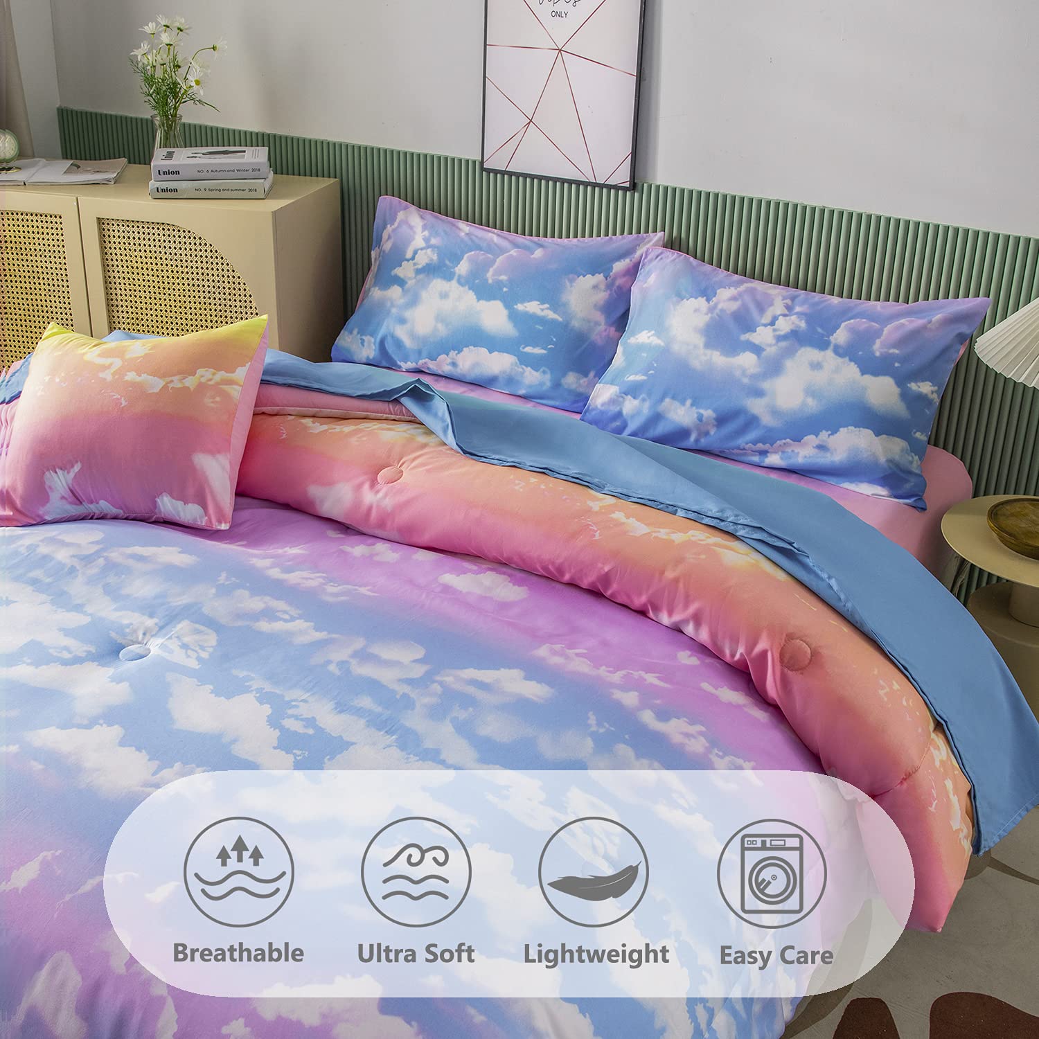 PERFEMET White Cloud Print Girls Comforter Set Queen Size 6 Pieces - Tie Dye Rainbow Bedding Set for Teen Girls - Includes Comforter, Sheets & Pillowcases - Perfect for Dorm Rooms, Sleepovers & Birthday Gifts