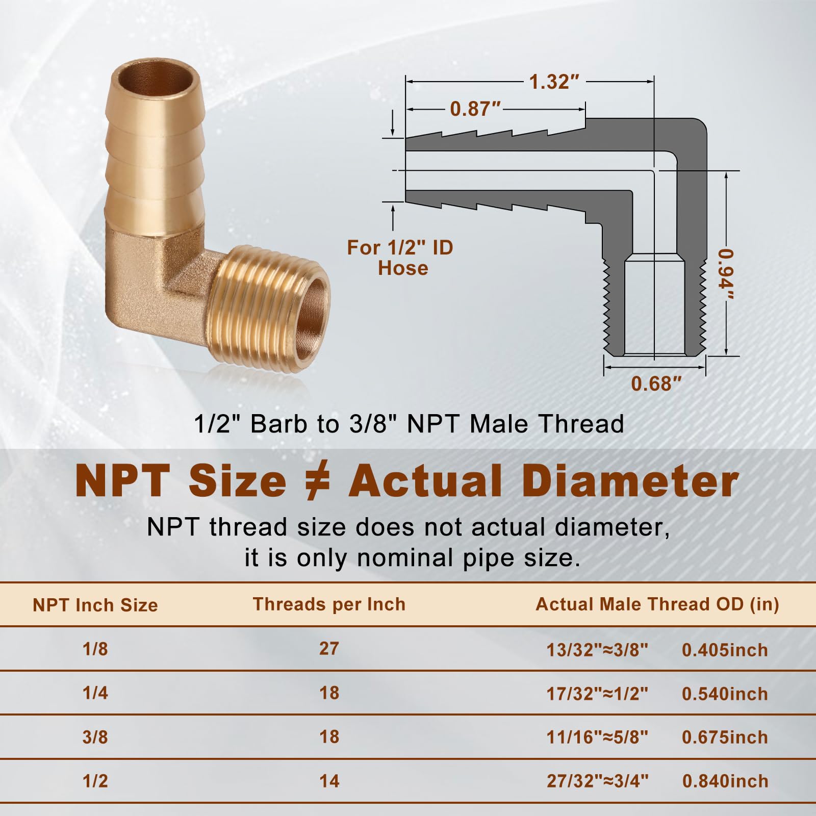 5PCS Brass Hose Barb Fittings - 90 Degree Elbow 1/2