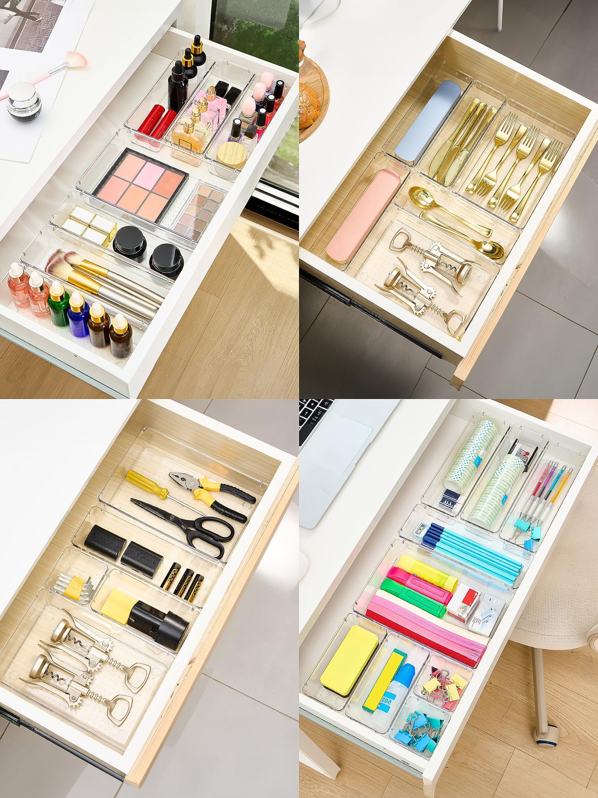 Smartor 9-Piece Clear Plastic Drawer Organizer Set - Non-Slip Storage Bins for Makeup, Office, Kitchen & Bathroom | Space-Saving Desk Drawer Trays for Home & Office Organization (Perfect for Cosmetics, Utensils & Stationery Storage)