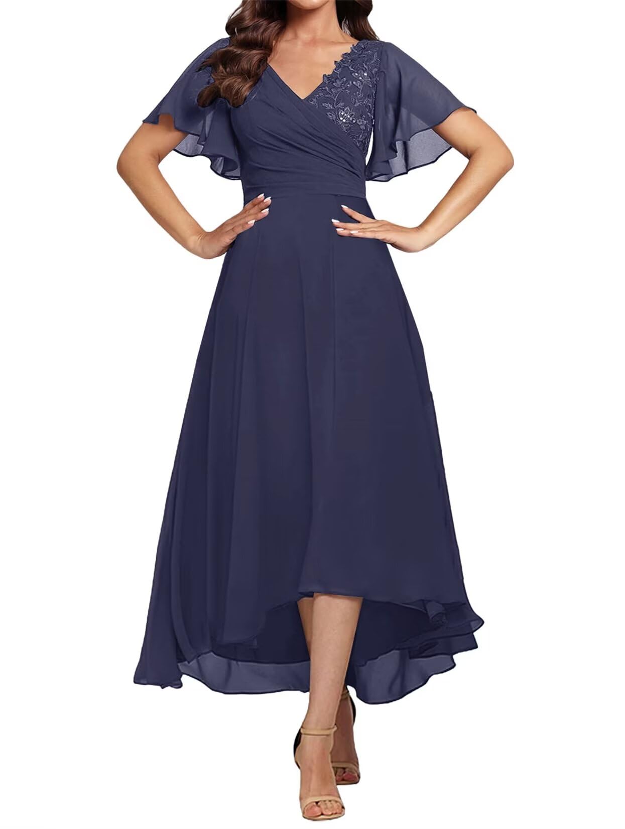 Elegant Tea-Length Mother of The Bride Dress with Lace Appliques & V-Neck - Perfect for Weddings, Receptions & Formal Events