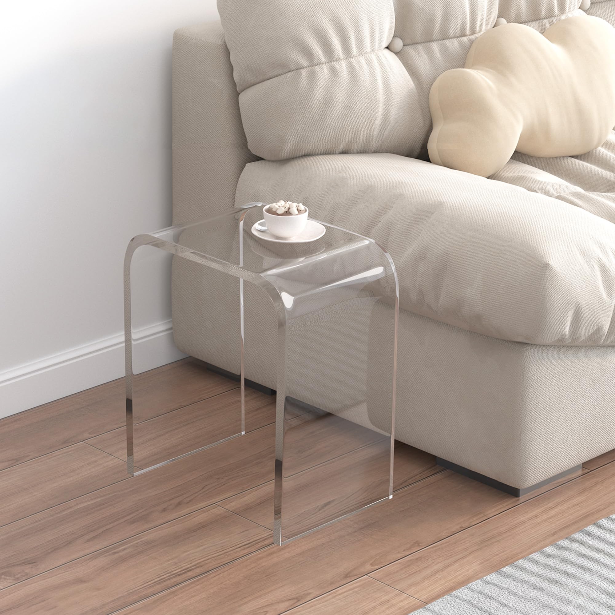 WAHFAY Clear Acrylic End Table - Modern Lucite Coffee Table with Waterfall Edges, Contemporary Square Nightstand & Side Table for Living Room, Bedroom, Office - Perfect for Small Spaces & Minimalist Decor