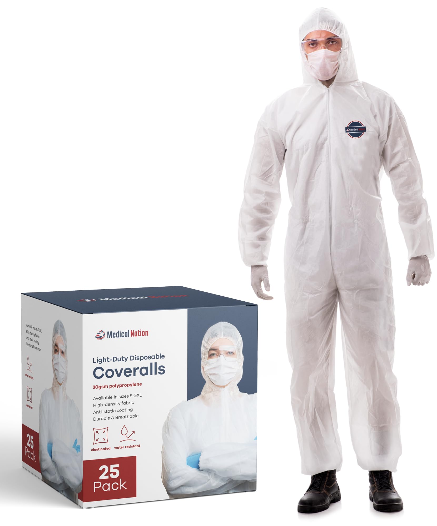 Disposable Hazmat Suits - 25 Pack Light Duty Protective Coveralls with Attached Hood for Men & Women | Chemical, Paint & Work Protection | Large Size | Ideal for Painting, Cleaning, Chemical Handling & Industrial Safety