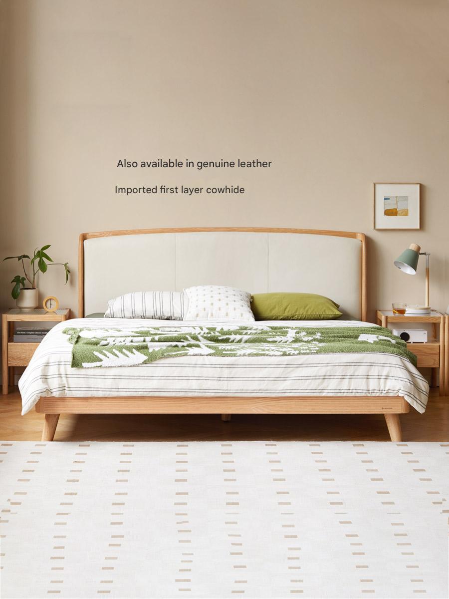 Premium Solid Oak Wood Bed Frame with Genuine Leather Headboard & Tech Fabric Upholstery - Modern Bedroom Furniture for Master Suite, Guest Room, or Apartment