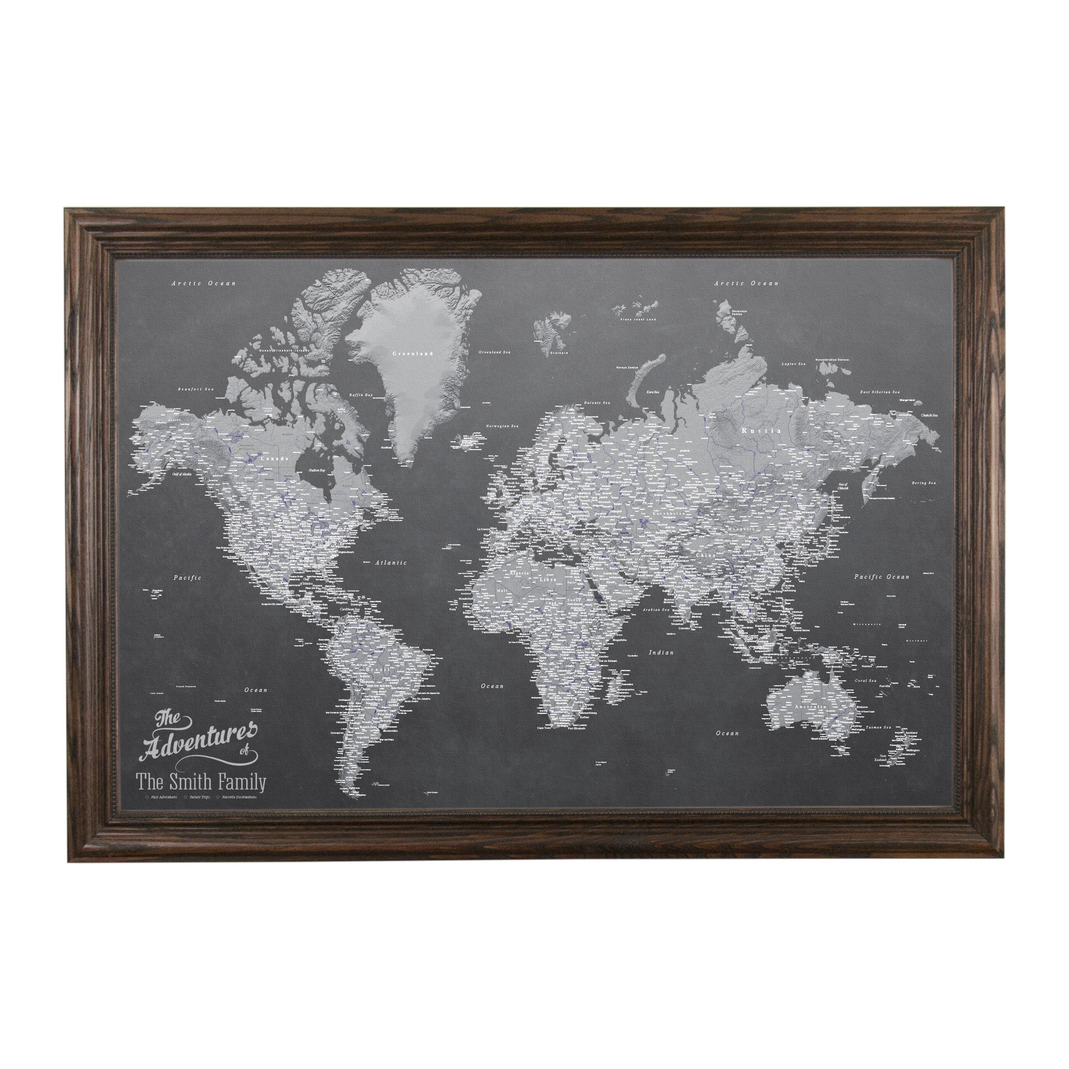 Personalized Stormy Dreams World Push Pin Travel Map - Canvas Print with Solid Wood Brown Frame - Perfect for Home Decor, Travel Enthusiasts & Gift Ideas