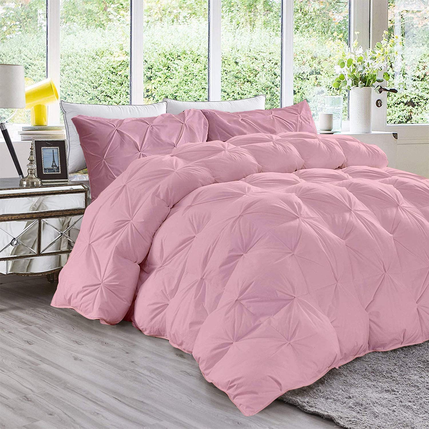 Premium 800 TC 500 GSM Pink Pinch Pleat Goose Down Comforter Set - King/Cal-King Size, 100% Egyptian Cotton Duvet Insert with Baffle Box Design & Corner Tabs (Includes 2 Pillow Cases) - Luxury Bedding for Master Bedrooms, Hotels & Winter Warmth