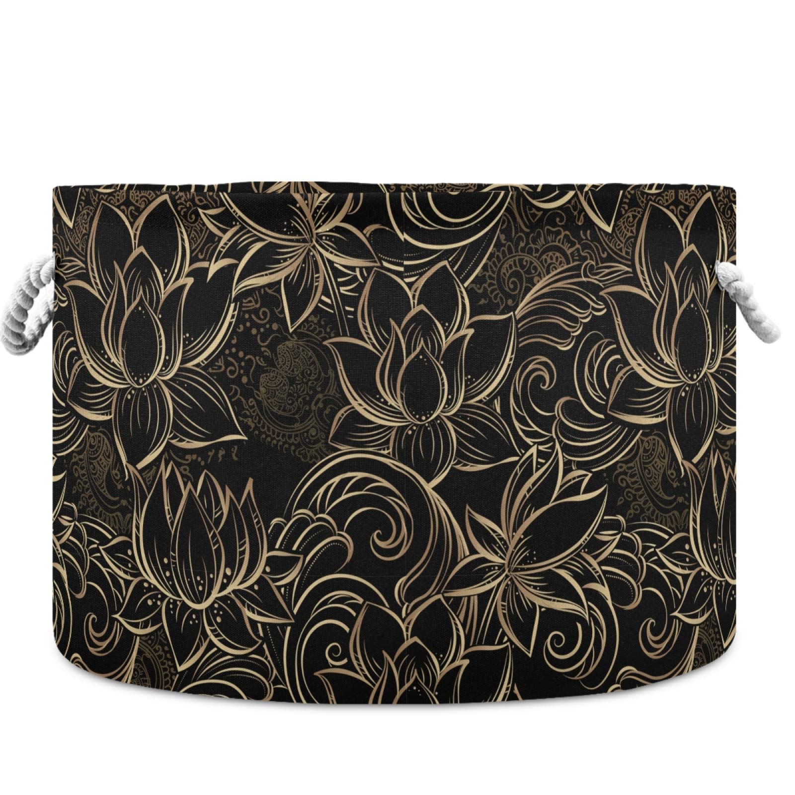 Visesunny Collapsible Large Capacity Storage Basket - Gold Black Lotus Floral Design for Clothes, Toys & Laundry | Durable Cotton Handles | Space-Saving Home Organizer for Bathroom, Bedroom, Nursery & Closet | Perfect for Small Spaces & Organization Needs