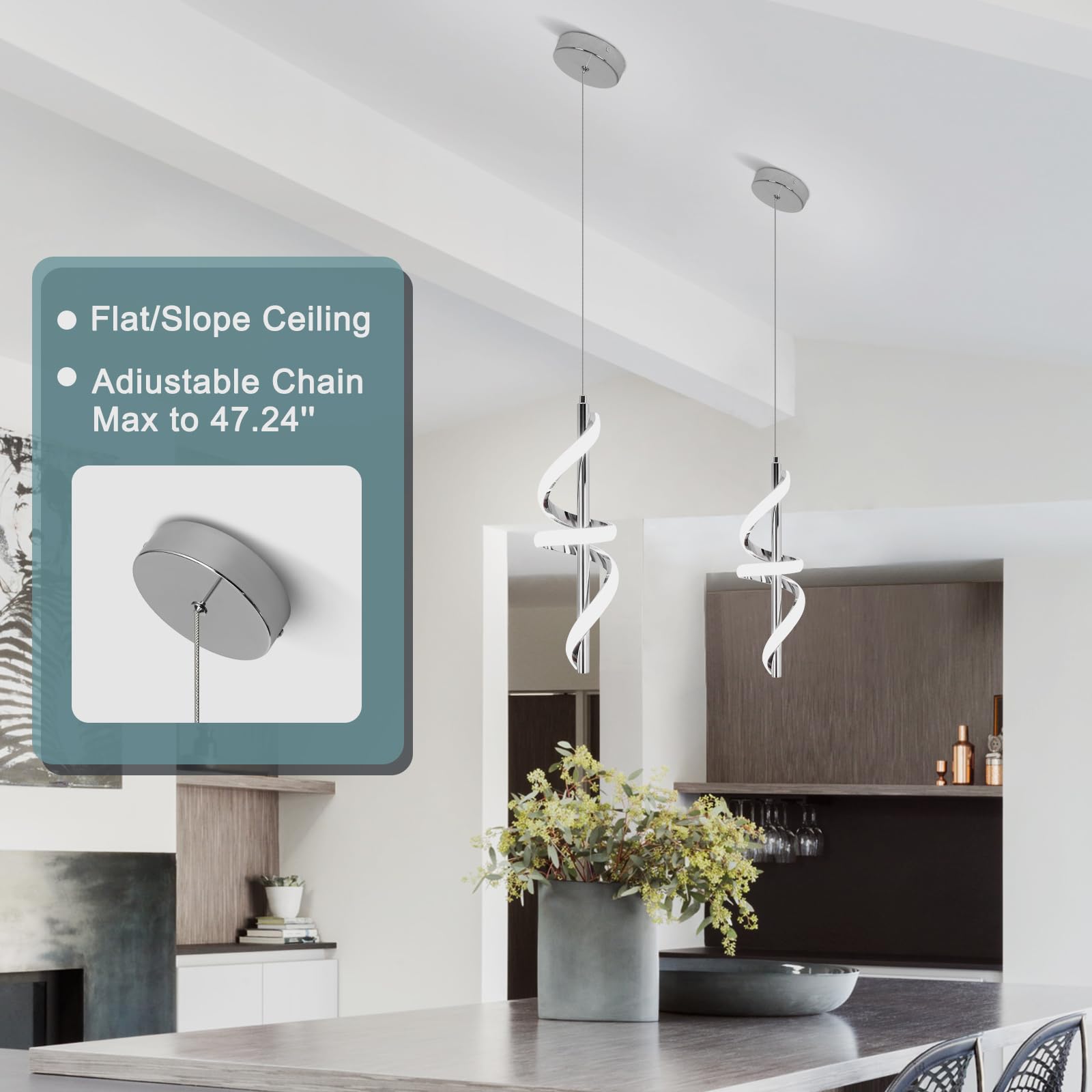 Vloitgol Spiral LED Pendant Light Fixtures - 5500K Cool White Modern Adjustable Hanging Light for Kitchen Island, Dining Room, Bedroom & Sink Areas | Energy-Efficient Lighting Solution for Home & Office Spaces