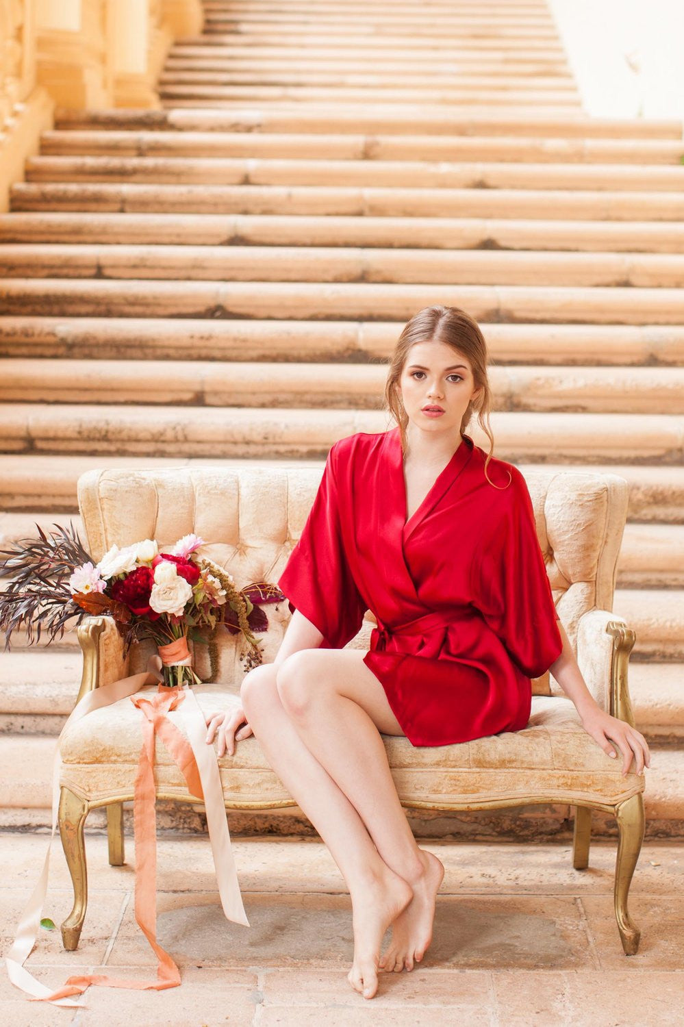 Samantha Silk Kimono Bridal Robe - Elegant Bridesmaid Robes in Garnet Red, Ivory or Black | Perfect for Wedding Morning Prep, Bachelorette Party & Photo Shoots