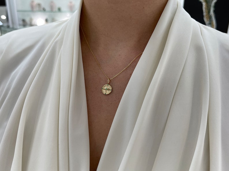 0.10tcw Natural Round Emerald Compass Pendant in 14K Gold - Dainty Vivid Medium Green Gemstone Jewelry for Women - Perfect for Everyday Wear, Gift Giving & Special Occasions