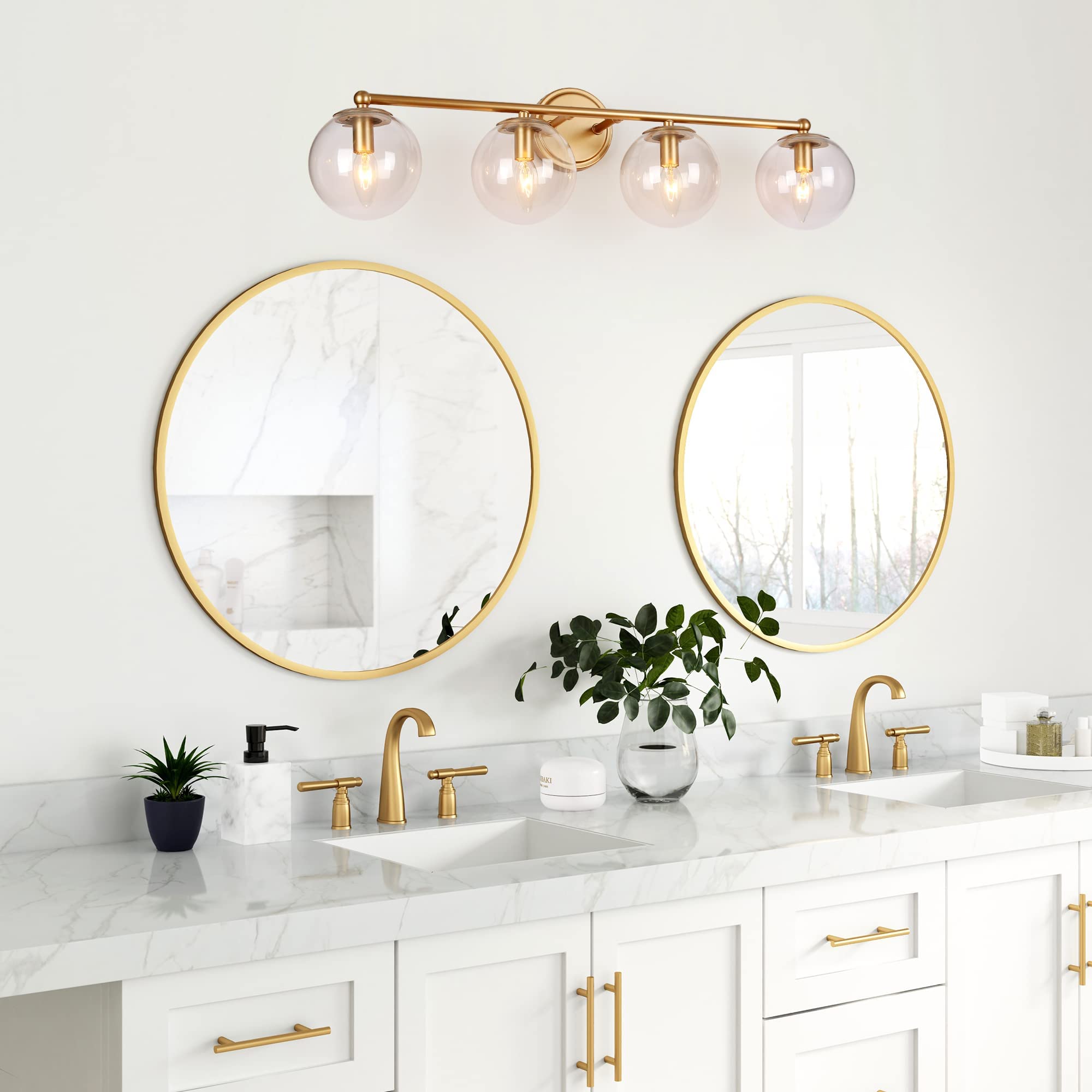 24K Gold Bathroom Light Fixtures - 4-Light Modern Vanity Lights with Clear Glass Shade for Bathroom, Hallway, Dressing Room - 29.5
