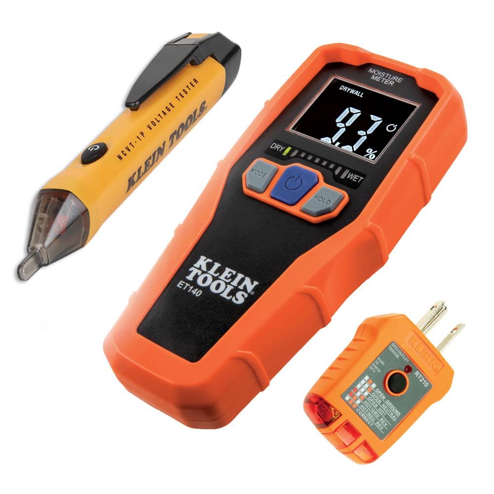 Klein Tools 80023P Professional 4-in-1 Digital Moisture Meter - Water Leak Detector with Backlit LCD Display & Audible/Visual Alerts for High/Medium/Low Moisture Levels - Ideal for Home Inspection, Woodworking, and Construction Projects
