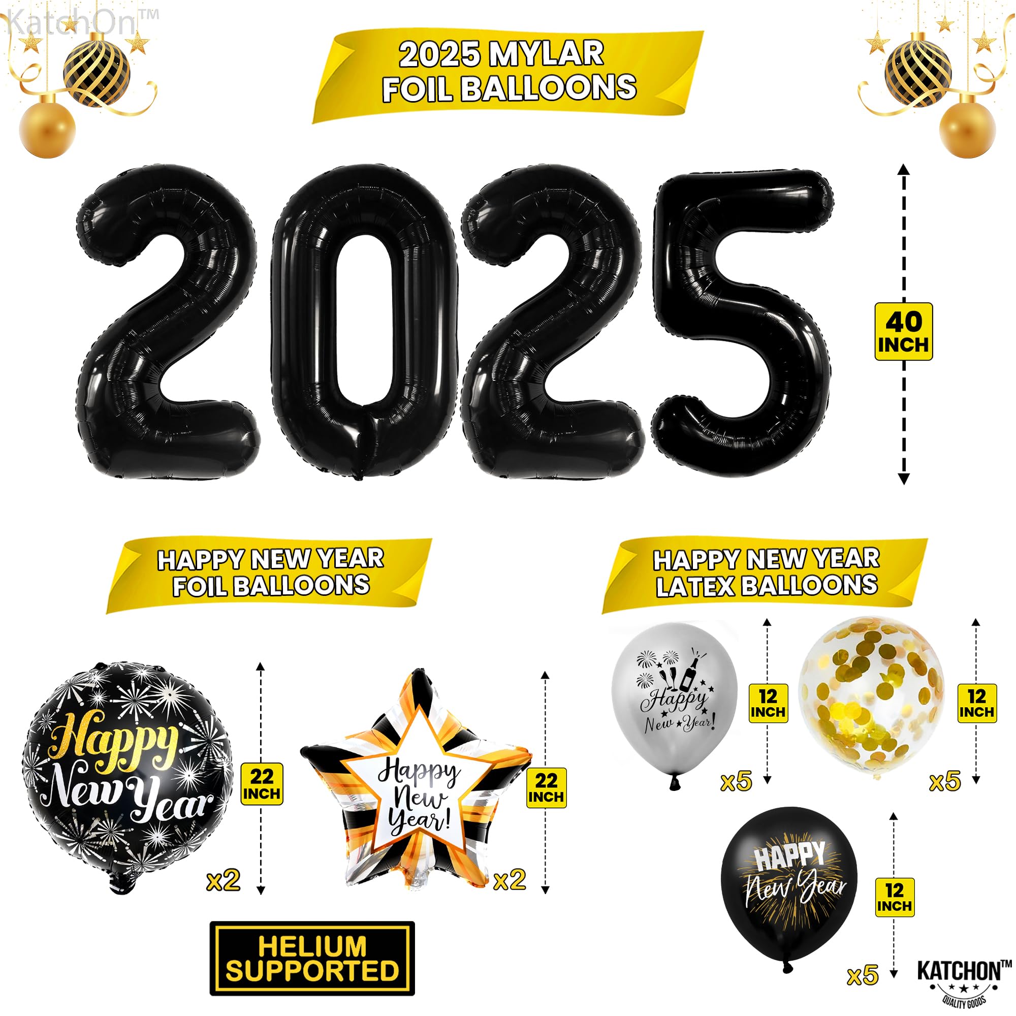 KatchOn 2025 New Year's Eve Party Decorations Set - 25-Piece Black & Gold NYE Party Supplies with Banner, Balloon Numbers & Foil Balloons | Perfect for New Year Countdown, Home & Office Celebration Decor