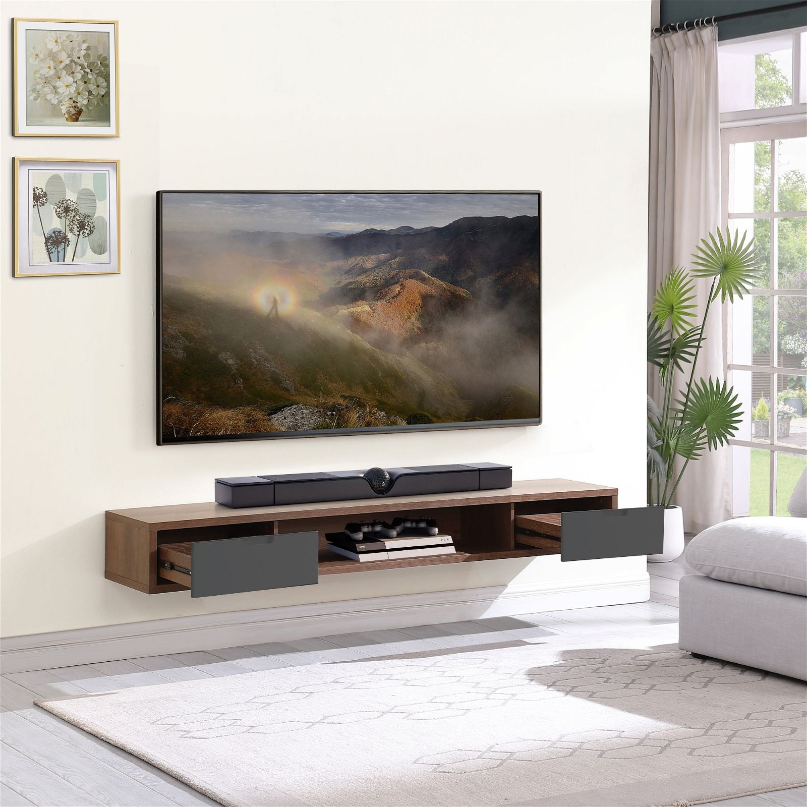 Wall Mounted TV Stand 1800mm Dark Oak with Grey Drawers - Modern Entertainment Center for Living Room, Bedroom & Home Theater by Criterion