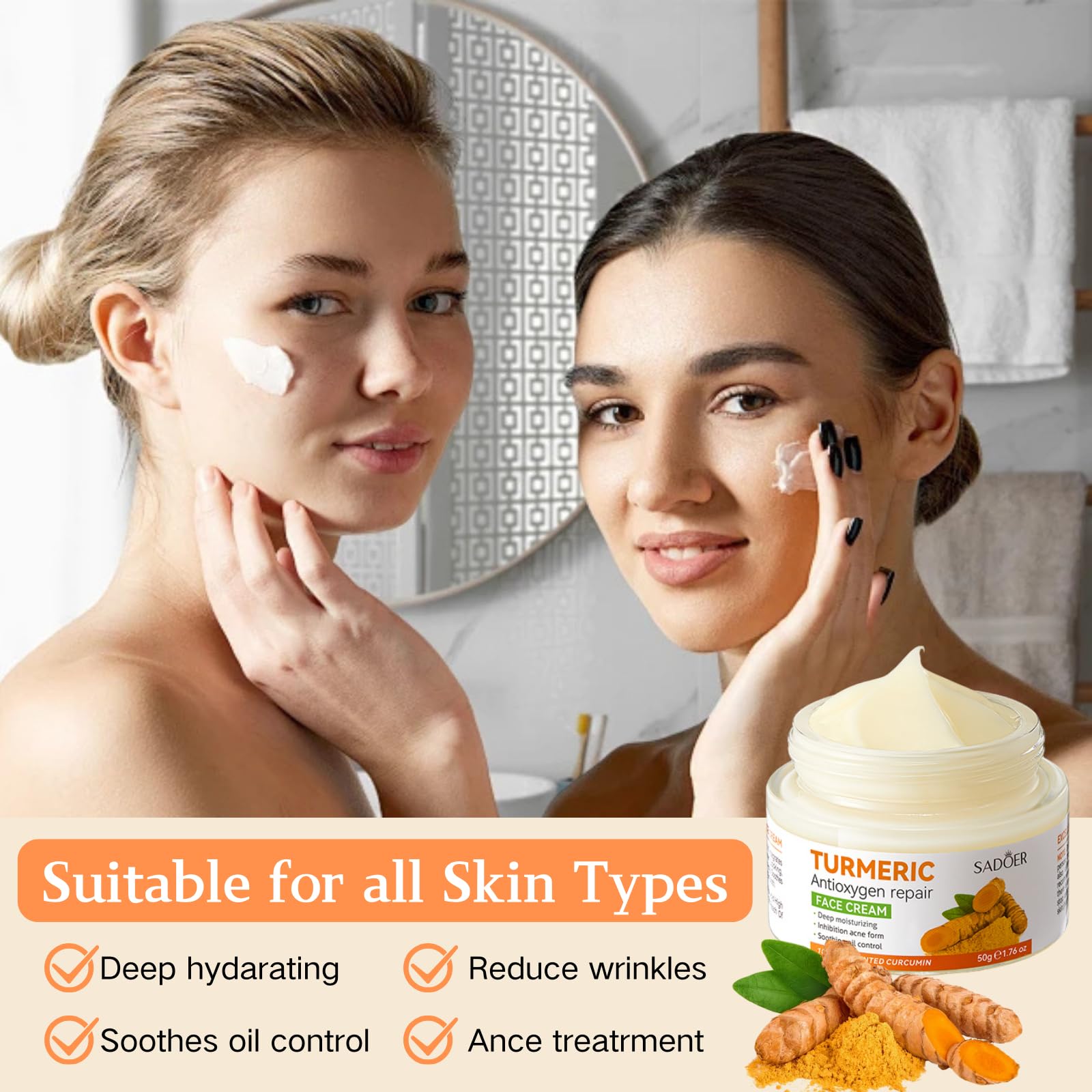 Turmeric Face Cream for Dry & Oily Skin - Hydrating Anti-Aging Moisturizer for Women - Korean Skincare for Acne Care & Daily Use