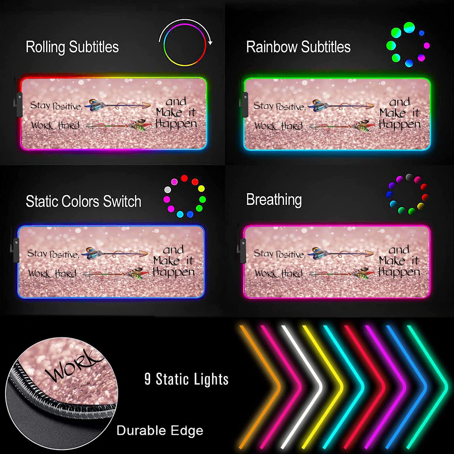 RGB Gaming Mouse Pad - Large LED Light-Up Desk Mat with Non-Slip Base, Pink Motivational Design - Perfect for PC Gaming, Office Work & Streaming Setup (Stay Positive Work Hard Theme)