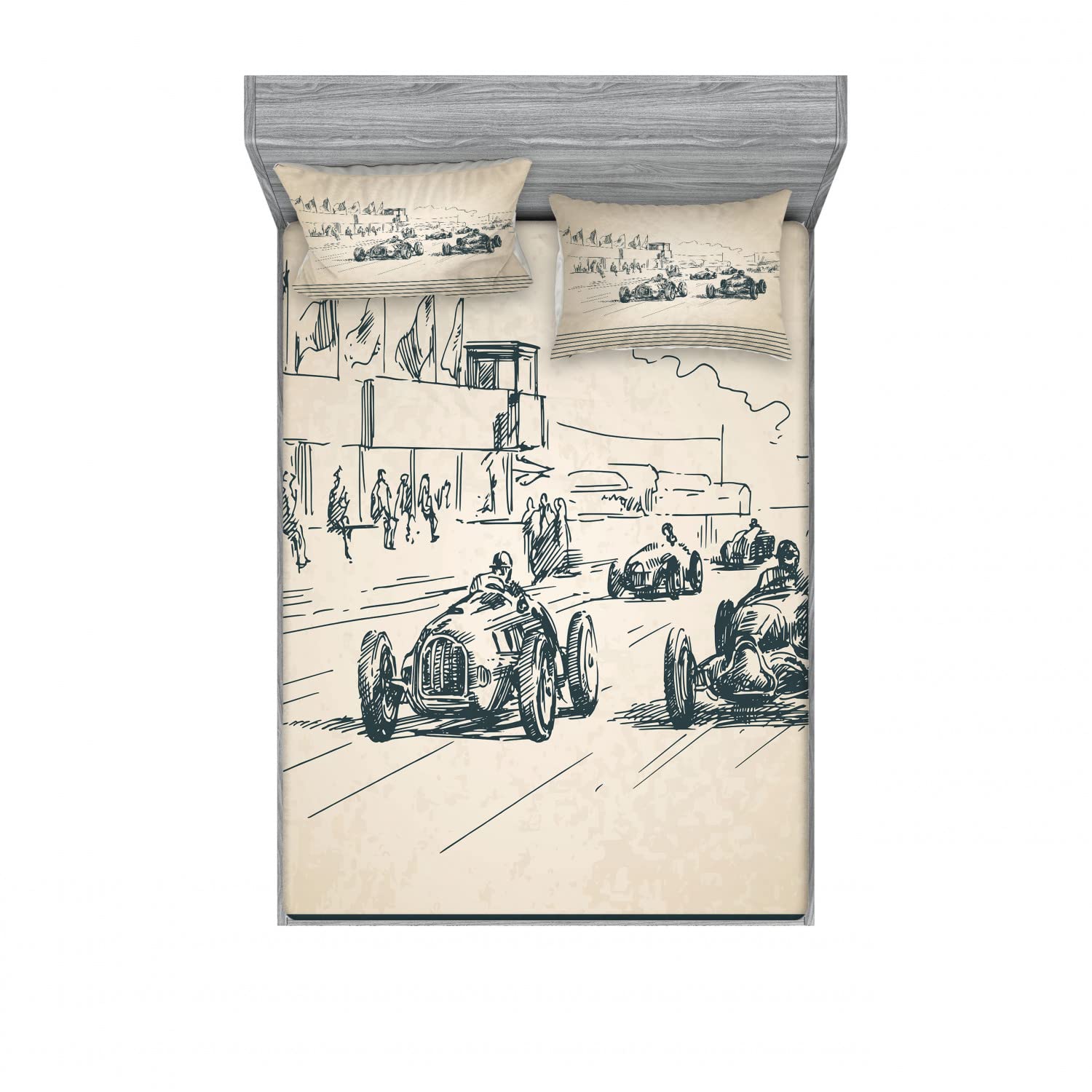 Vintage Car Racing 2-Piece Queen Size Fitted Sheet Set with 4 Pillow Shams - Sketchy Racing Cars Design in Beige & Forest Green - Complete Bedding Decor for Car Enthusiasts & Kids' Room Theme