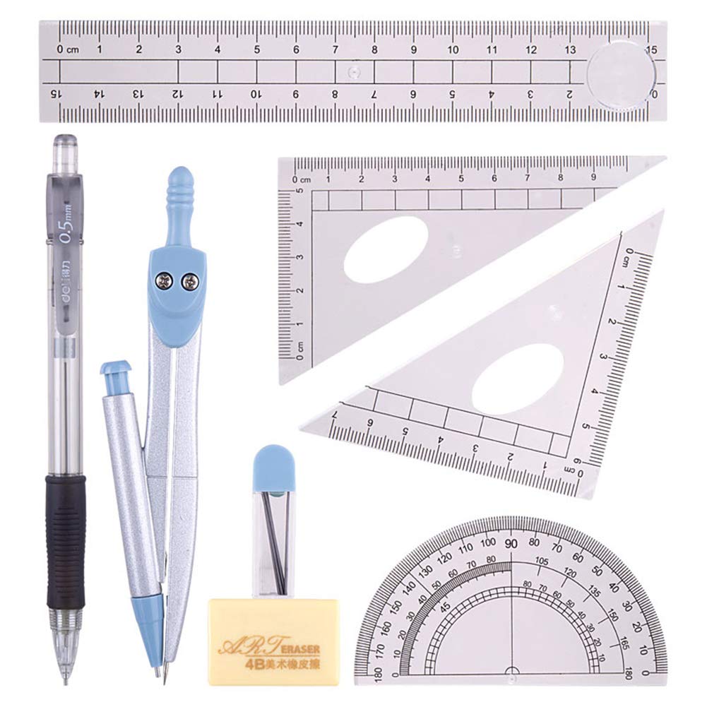 8-Piece Math Geometry Kit Set with Protractor, Rulers, Compass, Pencil Lead Refills & Eraser - Perfect for Students, Engineers & Artists - Back to School Supplies & Technical Drawing Tools