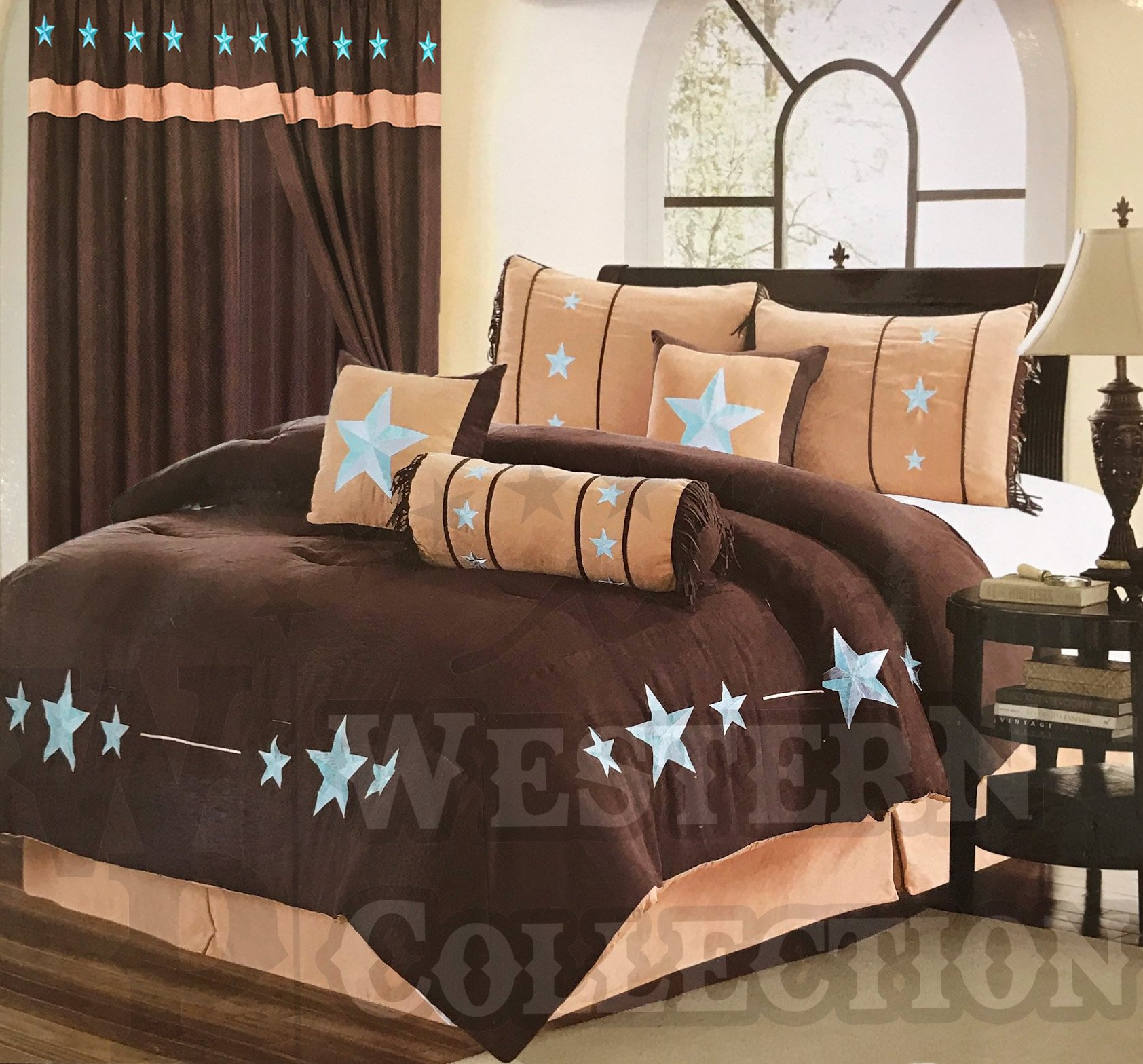 Western Peak Oversized Embroidered Western Star Comforter Bedding 7-Piece Set - Queen Size, Brown & Turquoise for Rustic Cowboy Themed Bedroom Decor