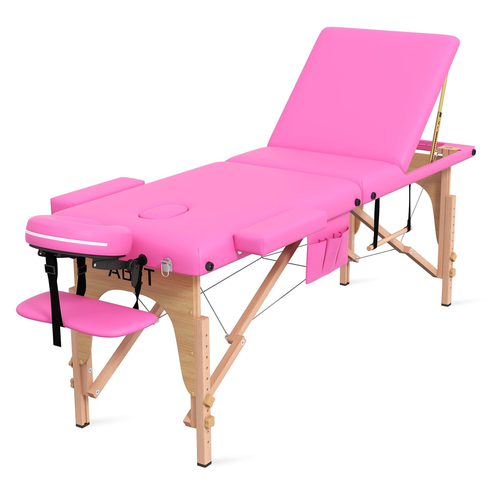 Professional Portable Massage Table - Adjustable Height 3-Fold Esthetician Bed for Lash Extensions, Tattoo & Spa Treatments | Includes Face Cradle, Detachable Armrests, Wood Frame & Carrying Bag (Pink) | Perfect for Salons, Home Use & Mobile Beauty Services