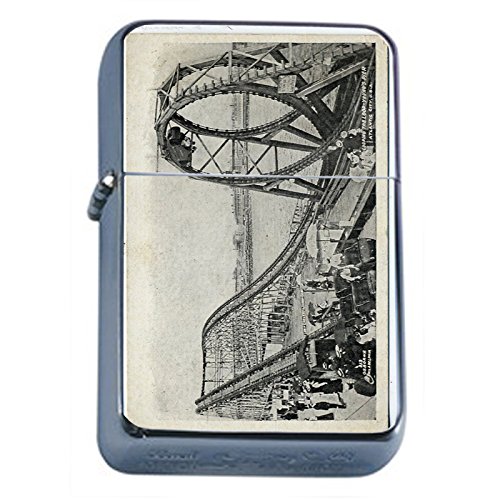Vintage Silver Flip Top Oil Lighter with Roller Coaster Design - Windproof Refillable Lighter for Camping, Hiking & Outdoor Adventures