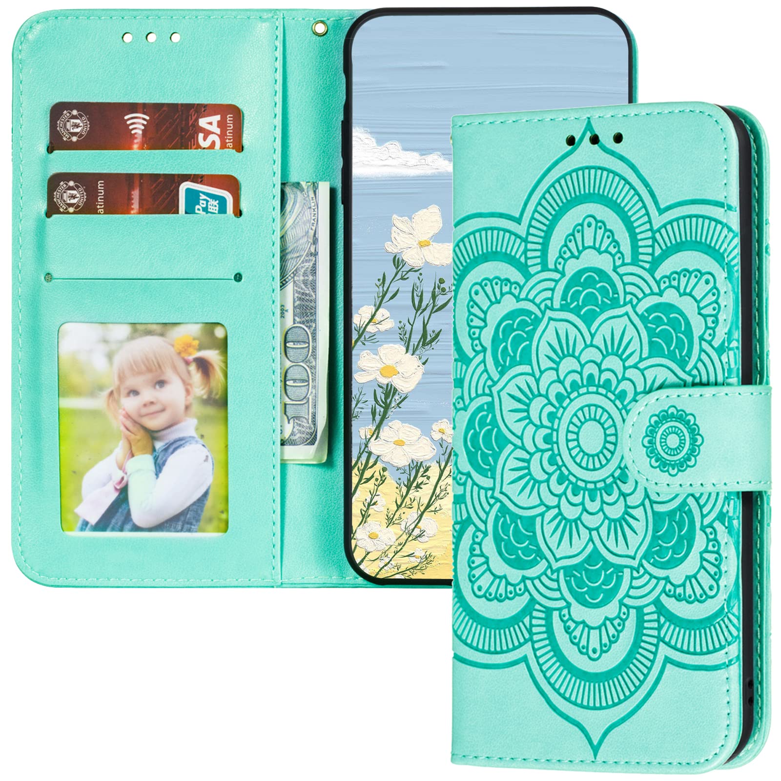 Premium PU Leather Mandala Embossed Flip Wallet Case for Samsung Galaxy A52/A52 5G - Shockproof Phone Cover with Card Holder & Kickstand (Mandala Green) - Perfect for Work, Travel & Daily Protection