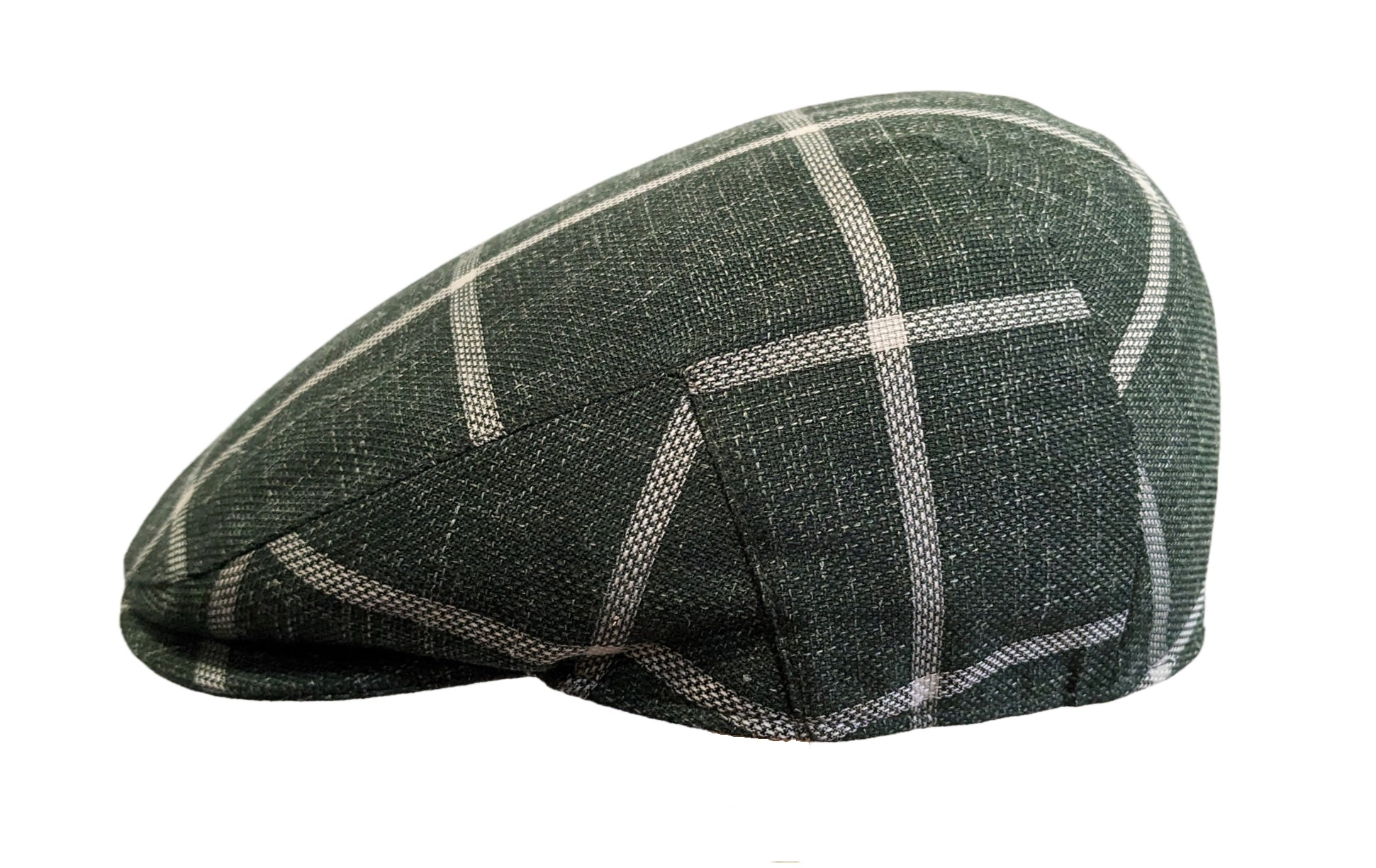 Premium Wool Silk Linen Flat Cap - Dark Green Window Check Design - Classic Men's Hat for Casual Wear, Outdoor Activities & Vintage Fashion