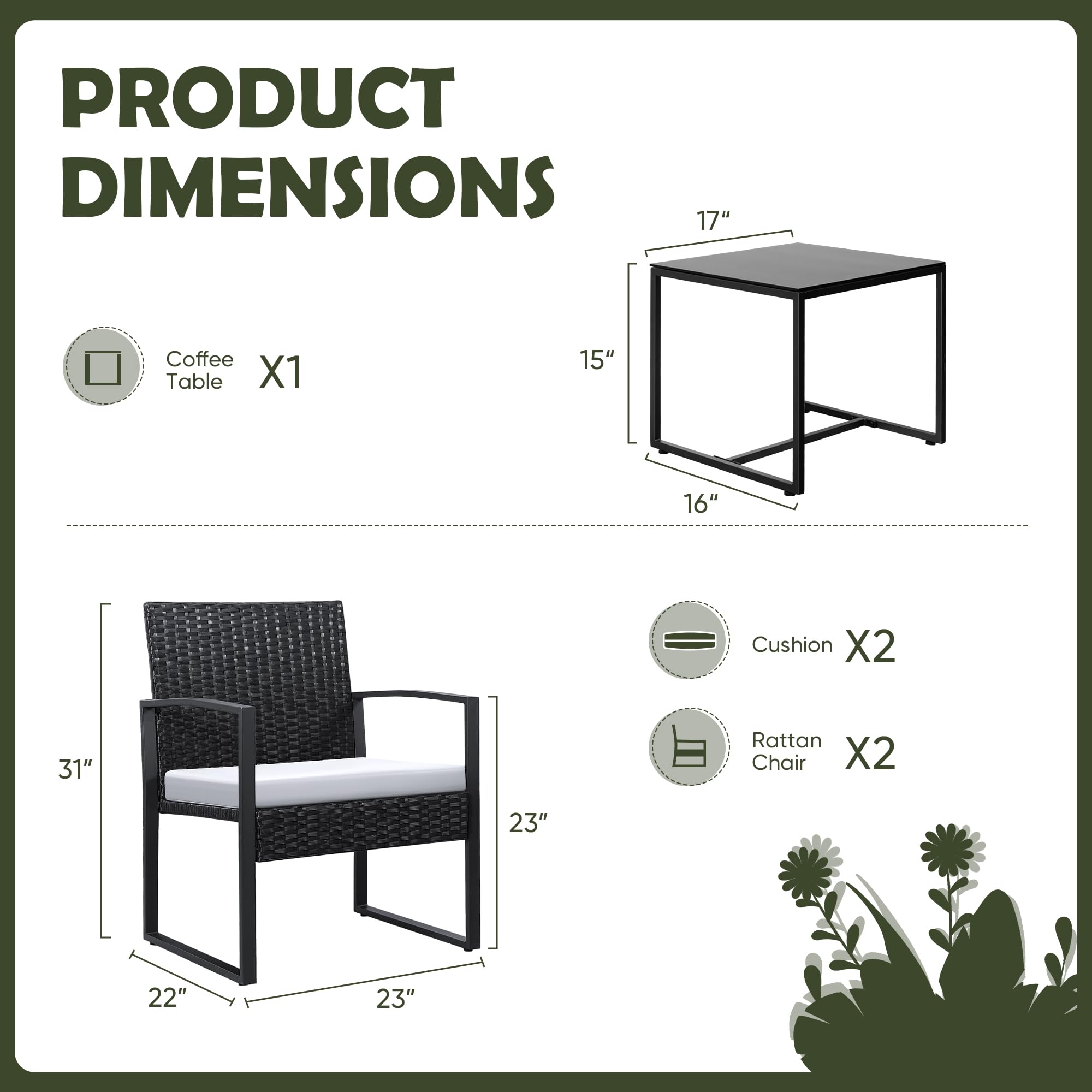 Devoko 3-Piece White Wicker Patio Set - Outdoor Rattan Furniture with Coffee Table & Cushions - Conversation Set for Balcony, Porch, Garden or Bistro - Perfect for Relaxing & Entertaining Outdoors