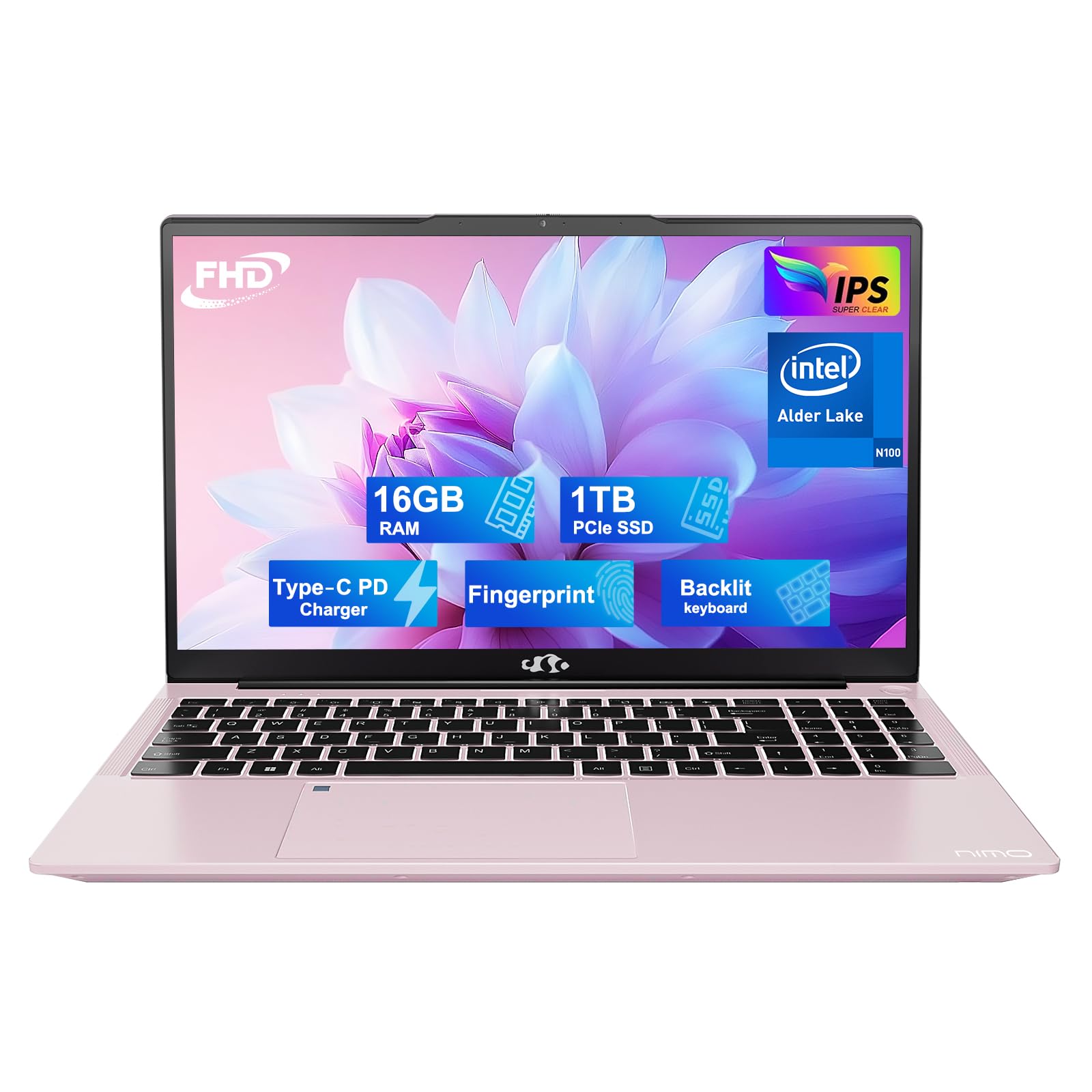 NIMO 15.6 Inch FHD Laptop - 16GB RAM, 1TB SSD, Intel Pentium Quad-Core N100 Processor (Up to 3.4GHz) - Windows 11, Backlit Keyboard, Fingerprint Reader - 2 Year Warranty - Rose Gold | Perfect for Students, Remote Work & Home Office Use
