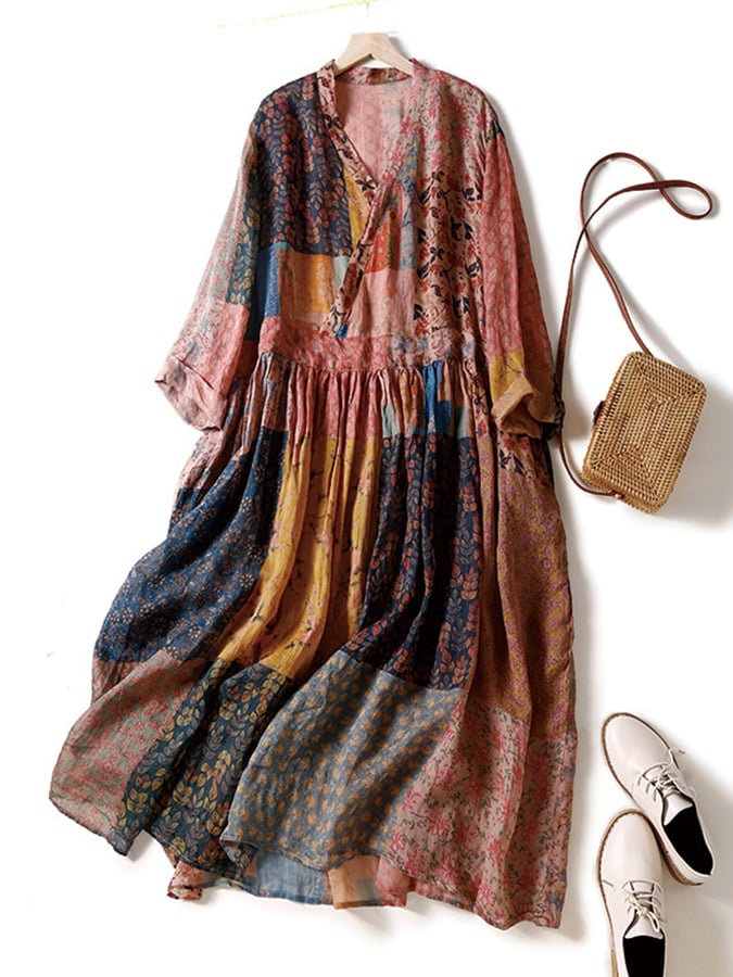 Lovevop Women's Cotton Linen V-Neck Bohemian Printed Dress - Casual Summer Flowy Maxi Dress for Beach, Vacation & Festival Wear