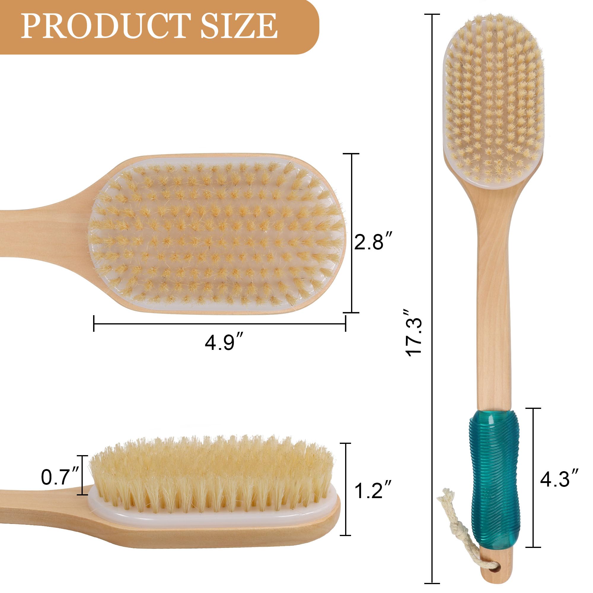 OWIIZI Boar Bristle Back Scrubber Brush - Long Handle Wooden Shower Brush for Deep Cleansing, Exfoliating Wet/Dry Skin - Anti-Slip Design for Back, Shoulders & Hard-to-Reach Areas - Perfect for Spa, Bath & Relaxation