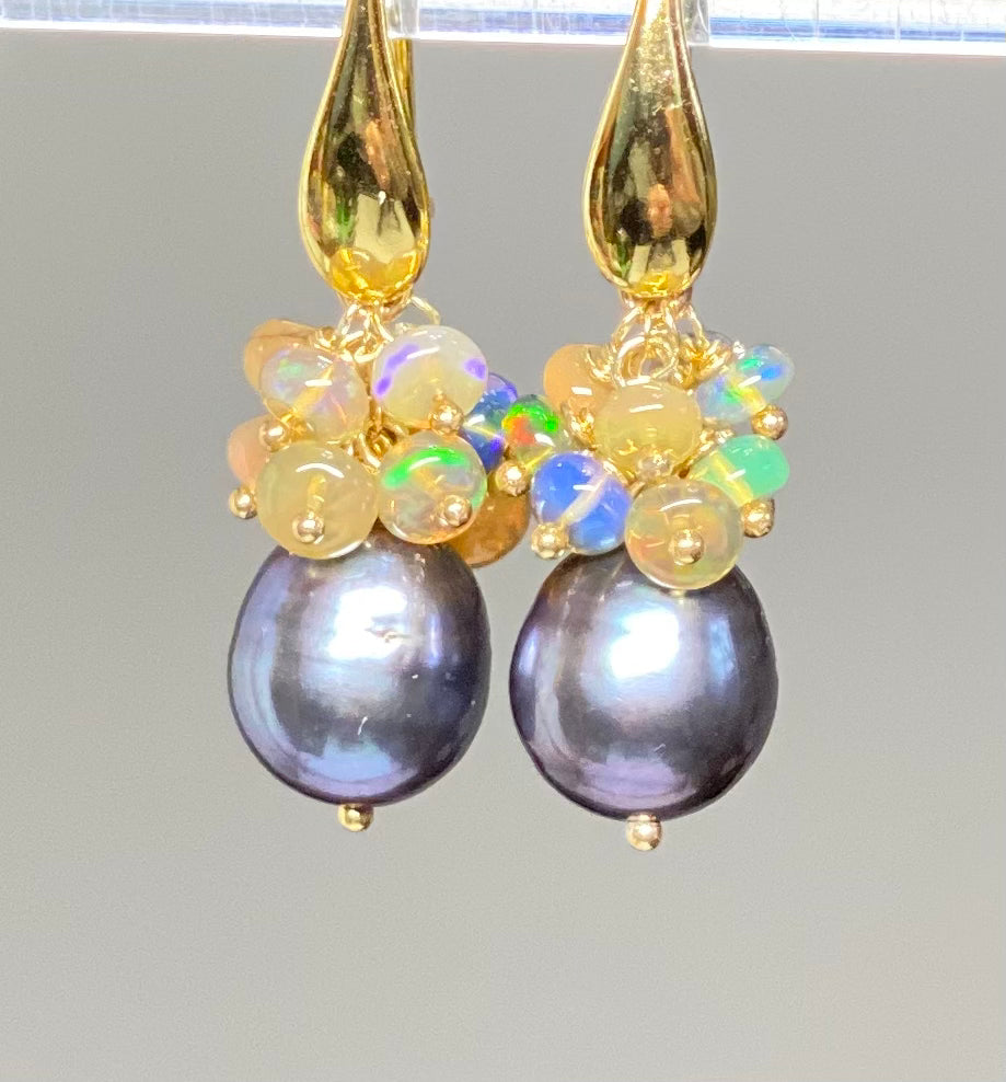 Elegant Baroque Pearl & Opal Cluster Gold Earrings for Women | Black & Grey Vintage Style Jewelry | Perfect for Weddings, Parties & Special Occasions