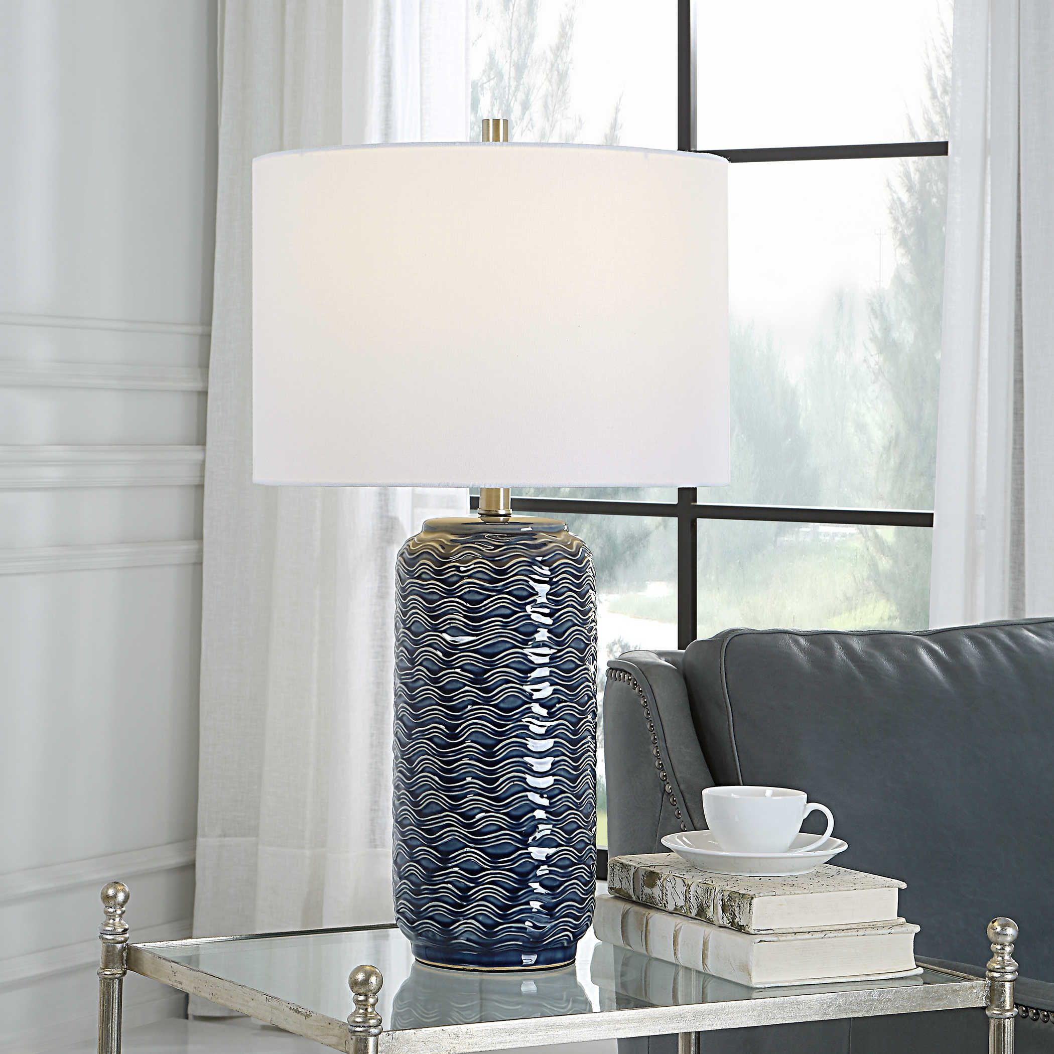 Wavy Blue Ceramic Table Lamp - Handmade Decorative Lighting for Bedroom, Living Room & Office (4 in Stock) - Perfect for Nightstands, Desks & Cozy Reading Nooks