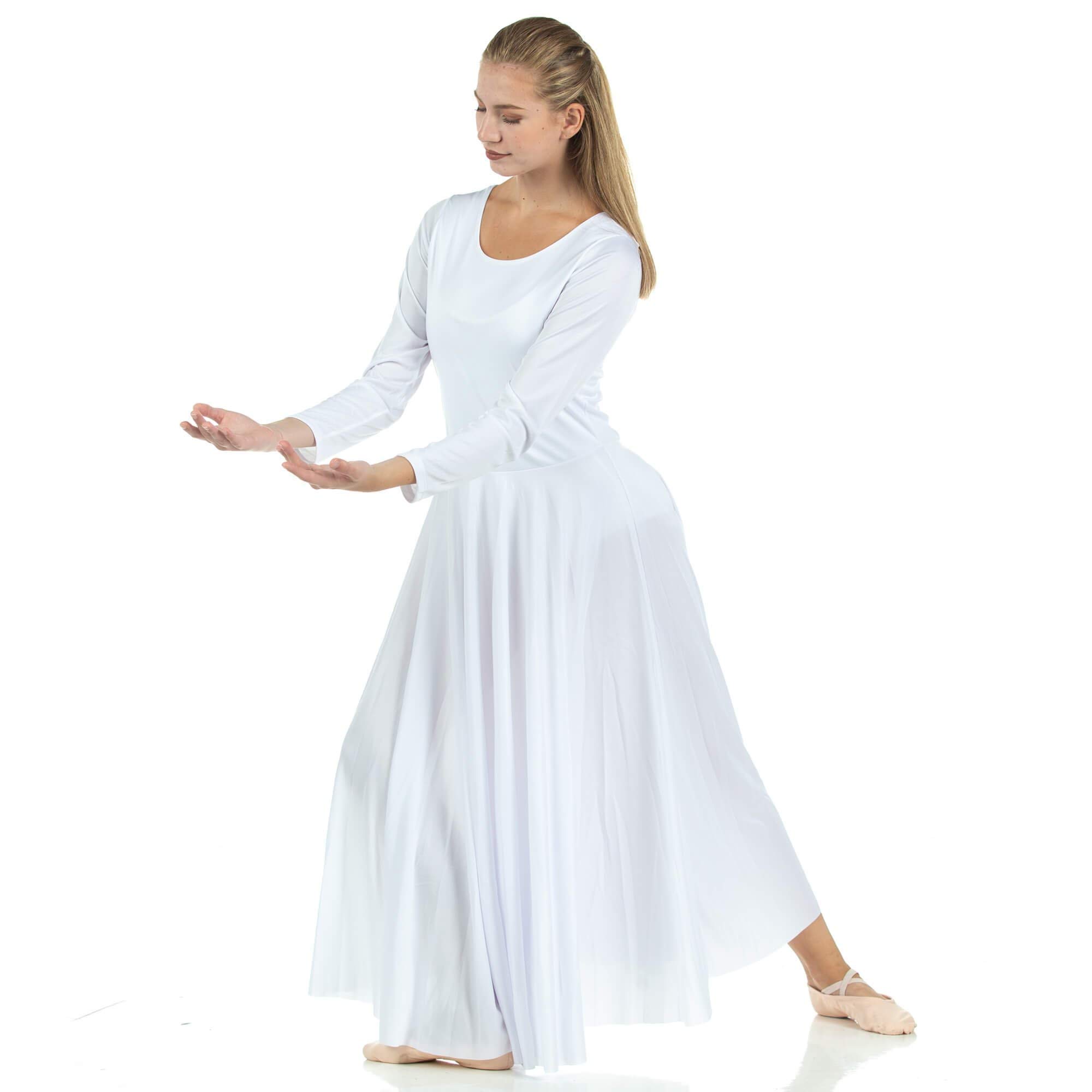 Danzcue Women's Praise Loose Fit Full Length Long Sleeve Dance Dress - White (Small/Medium/Large) - Perfect for Ballet, Worship Dance & Performance Costumes