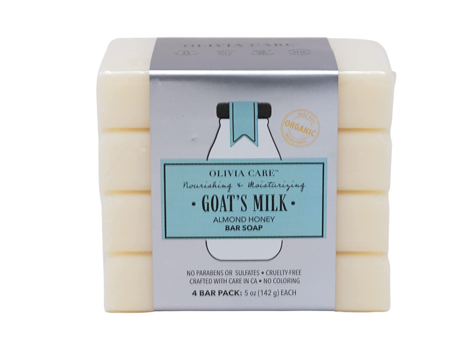 Olivia Care Organic Goat's Milk Soap Bar 4-Pack (5 oz Each) - Almond Honey Scent, Made in USA | Gentle Cleansing for Dry, Sensitive Skin - Perfect for Face, Body & Hand Wash