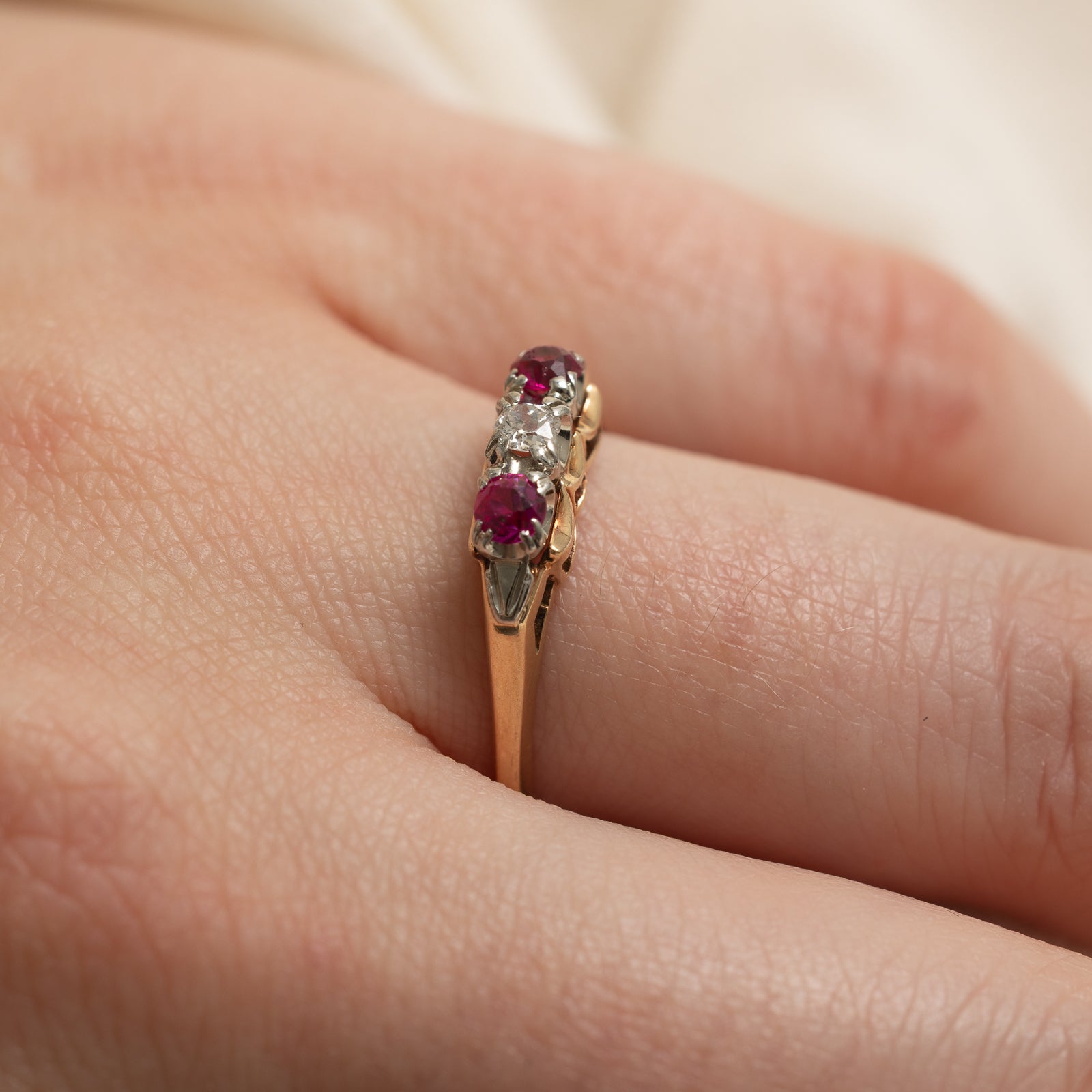 Three Stone Synthetic Ruby & Diamond Ring | 0.24ctw Ruby & 0.07ct Diamond | Size 8.25 | Elegant Engagement, Anniversary, or Gift Jewelry for Women