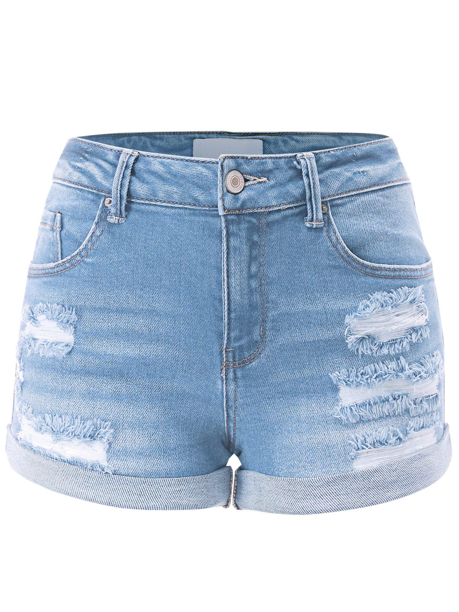 FashionMille Women's Casual Distressed Ripped Folded Hem Denim Shorts | High Waisted Stretch Denim Shorts for Women | Perfect for Summer Outfits, Beach Vacations & Casual Wear