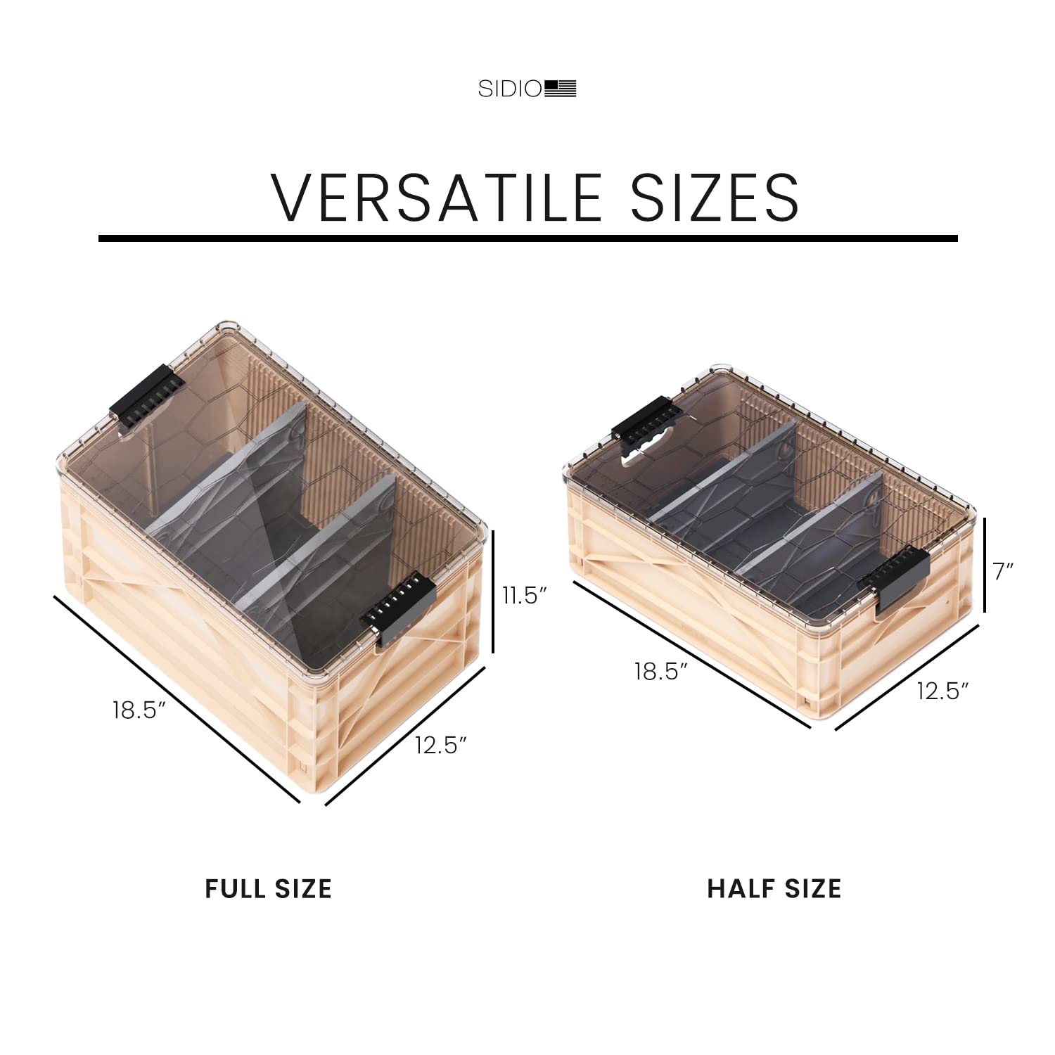 Crate Pro Pack - 2 Full-Size & 1 Half-Size Heavy Duty Stackable Storage Bins with Lids and Dividers - Durable Organizer Totes for Home Office, Garage, Warehouse, and Outdoor Use - Perfect for Closet Organization, Tool Storage, and Camping Gear