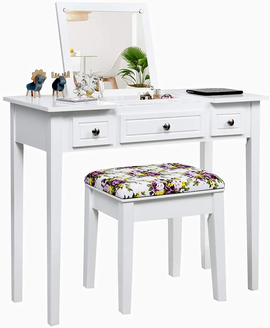 Byroce Vanity Set with Bench - White Dressing Table with Flip Top Mirror, 3 Drawers & 7 Compartments, Makeup Desk & Writing Table with Cushioned Stool for Bedroom, Living Room & Home Office - Perfect for Makeup Application, Skincare Routine, and Elegant Home Decor