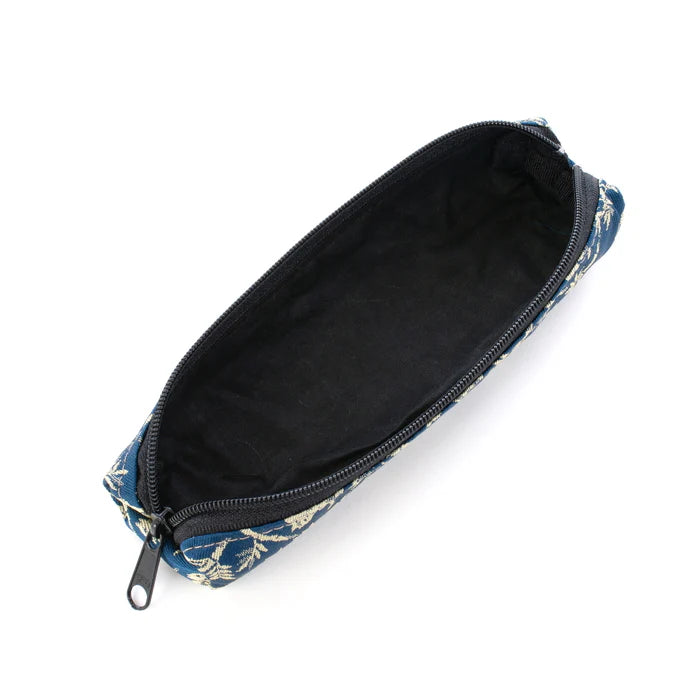 Nishijin Woven Pencil Case - Japanese Traditional Craft Pen Holder with Bamboo Groves & Cats Design, Navy Blue | Handmade in Kyoto, Japan | Perfect for School, Office & Gift Giving