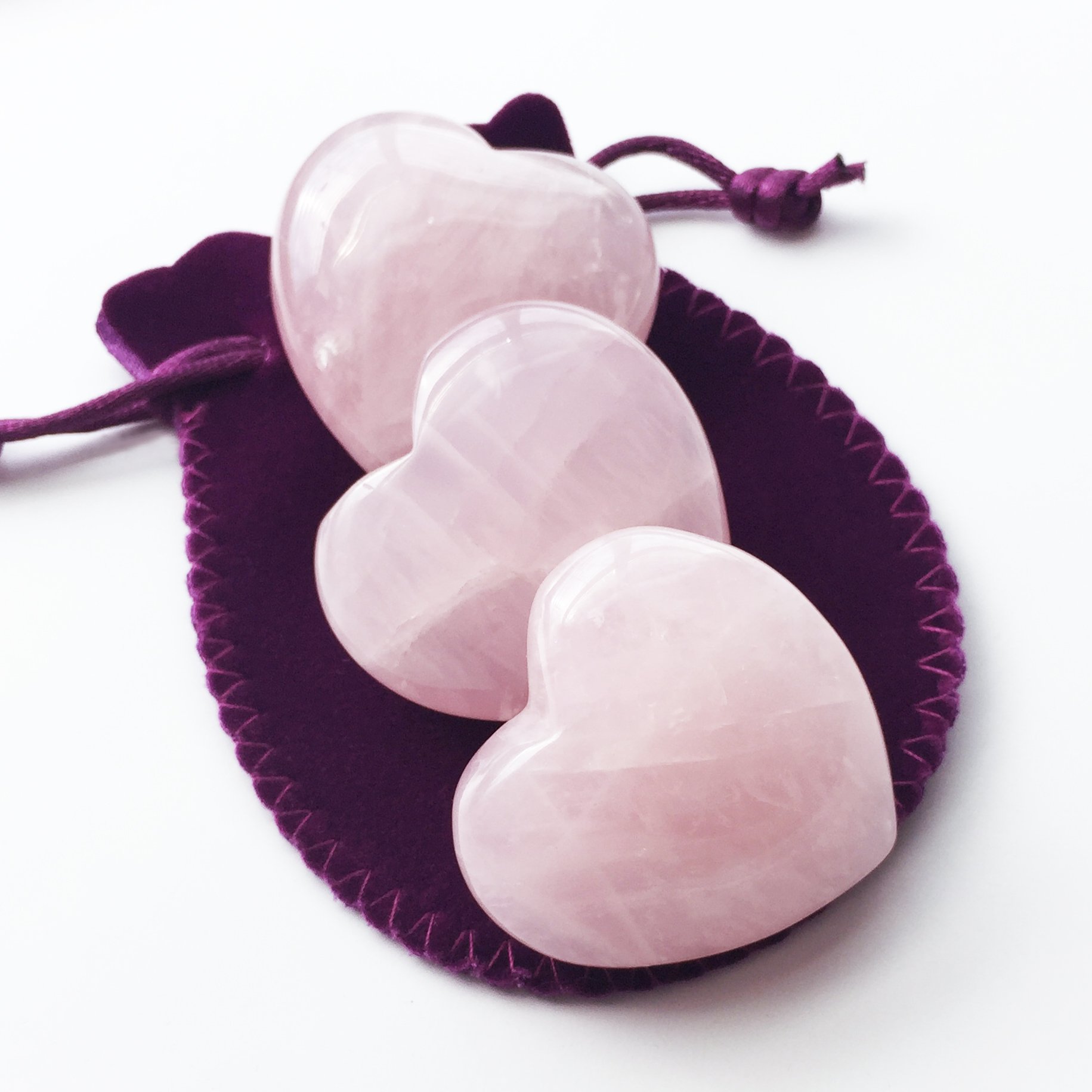 Rose Quartz Crystal Puffy Heart Set of 3 - Natural Healing Stones for Chakra Balancing, Meditation, Stress Relief & Home Decor | Perfect for Yoga Spaces, Gift Giving & Spiritual Wellness